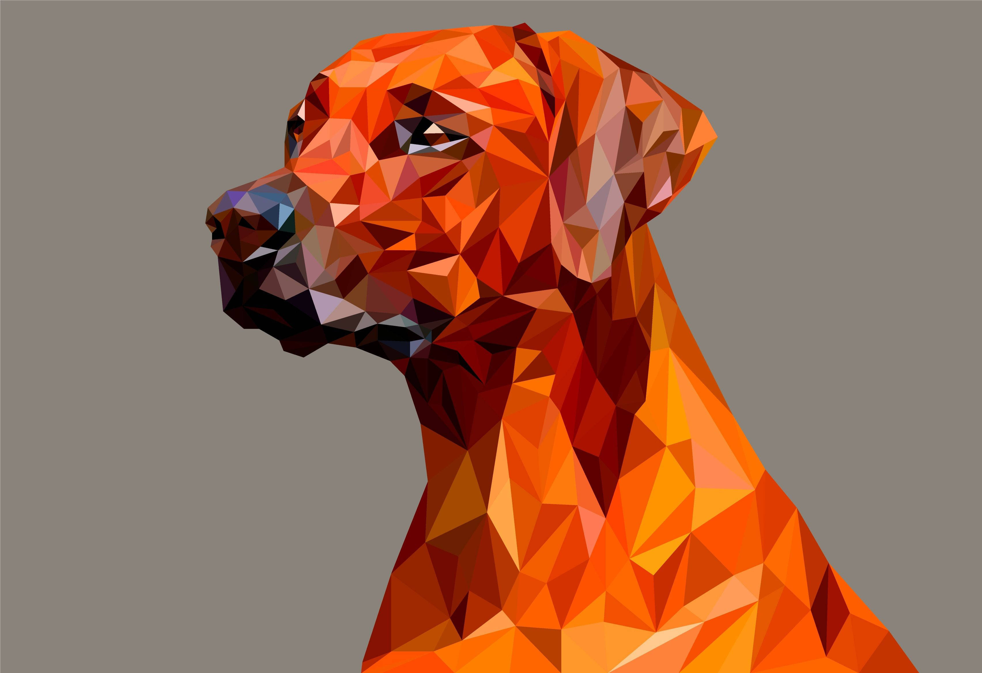 polygon dog art, fiery orange, red polygonal facets, 2K Desktop Wallpaper