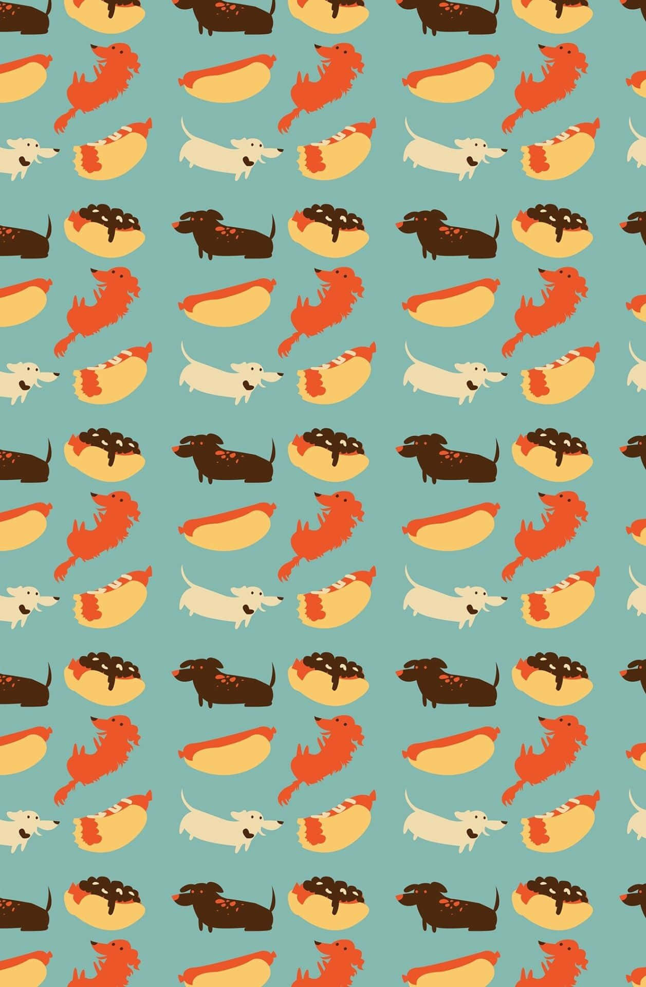 dachshund, teal background, cartoon dachshunds, Full HD Phone Wallpaper
