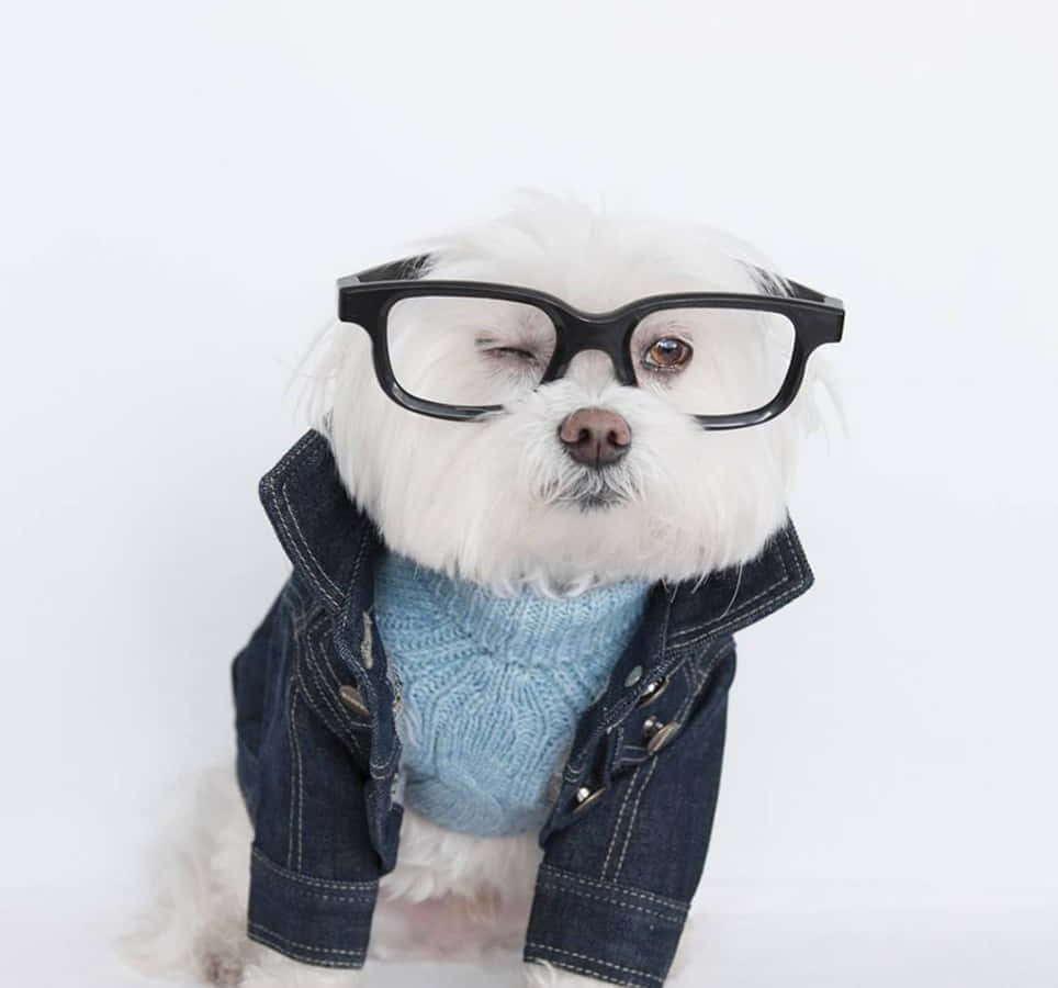 Pomeranian, oversized black glasses, denim jacket, SD Desktop Wallpaper