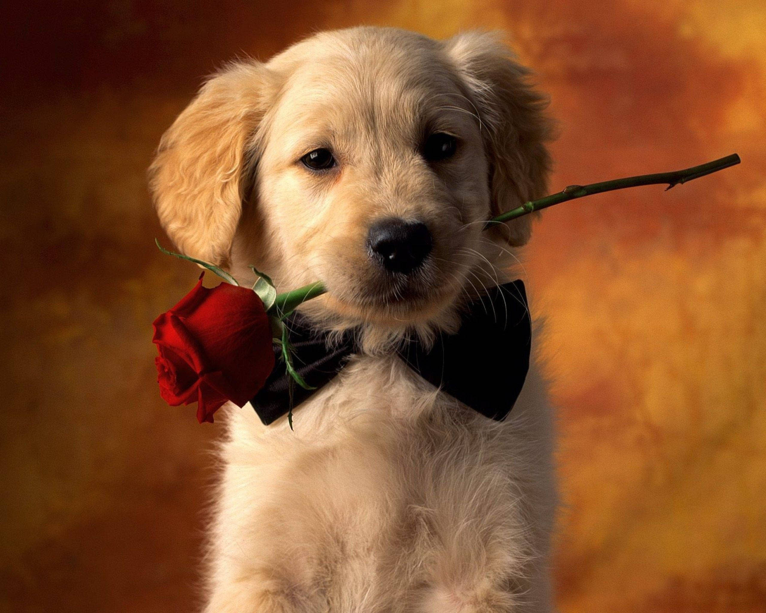 golden retriever puppy, black bowtie, red rose, 2K Desktop Wallpaper