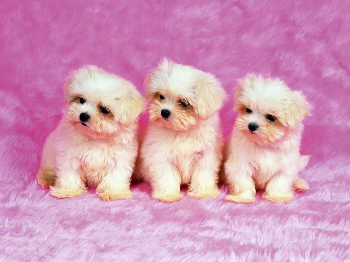 Three Dogs Aesthetic, fluffy cream-colored puppies, vibrant pink textured surface, SD Desktop Wallpaper