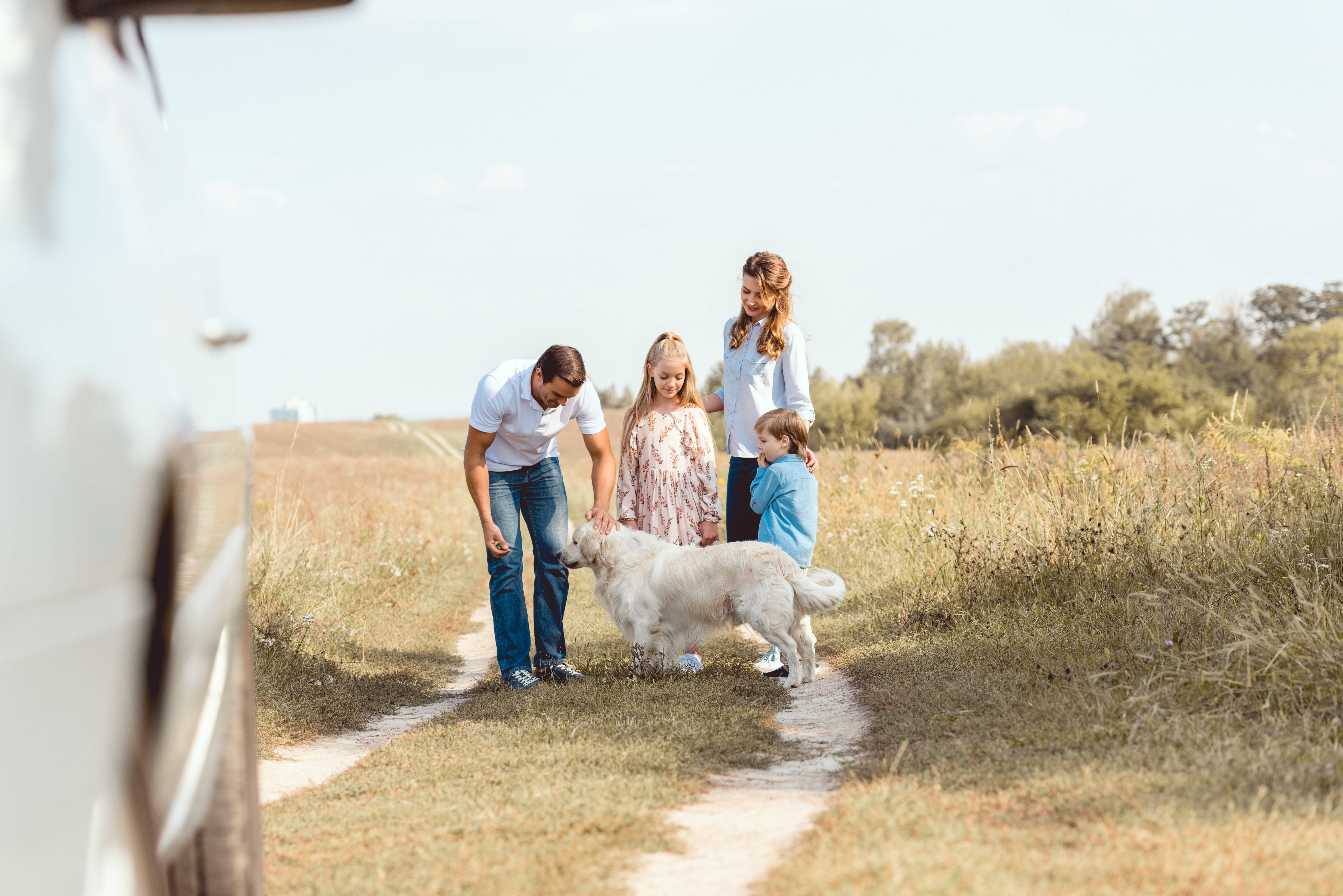 family of four, fluffy white dog, sunlit dirt path, 5K Desktop Wallpaper