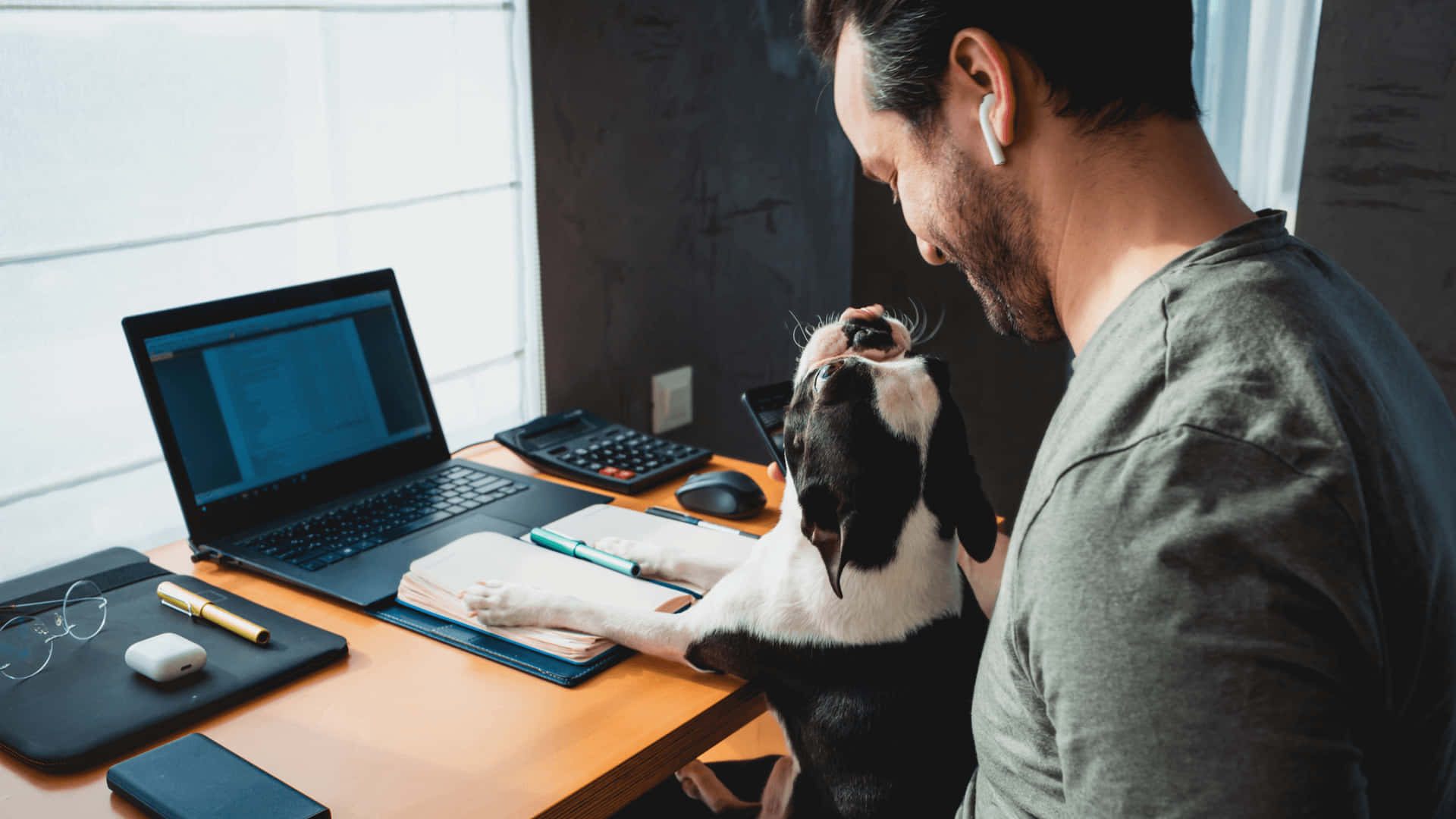 man, black and white dog, earbuds, Full HD Desktop Wallpaper
