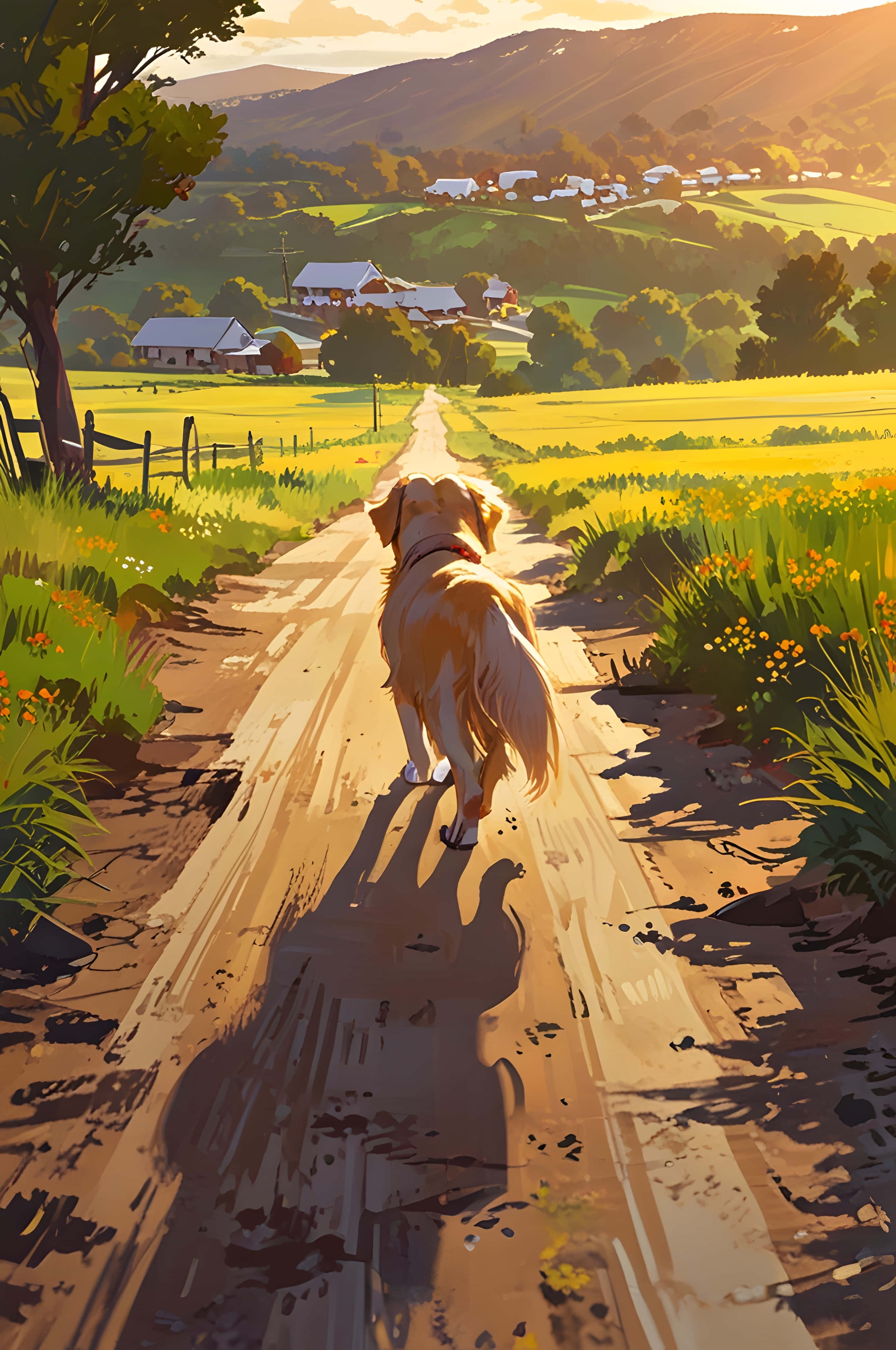 golden retriever, dirt path, vibrant green fields, 4K Phone Wallpaper