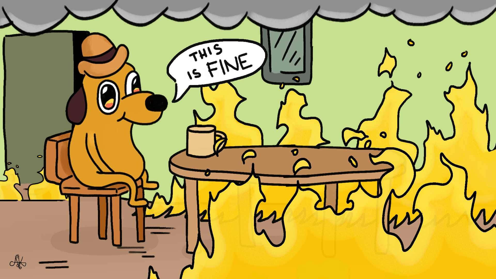 This Is Fine Meme, cartoon dog, hat, Full HD Desktop Wallpaper