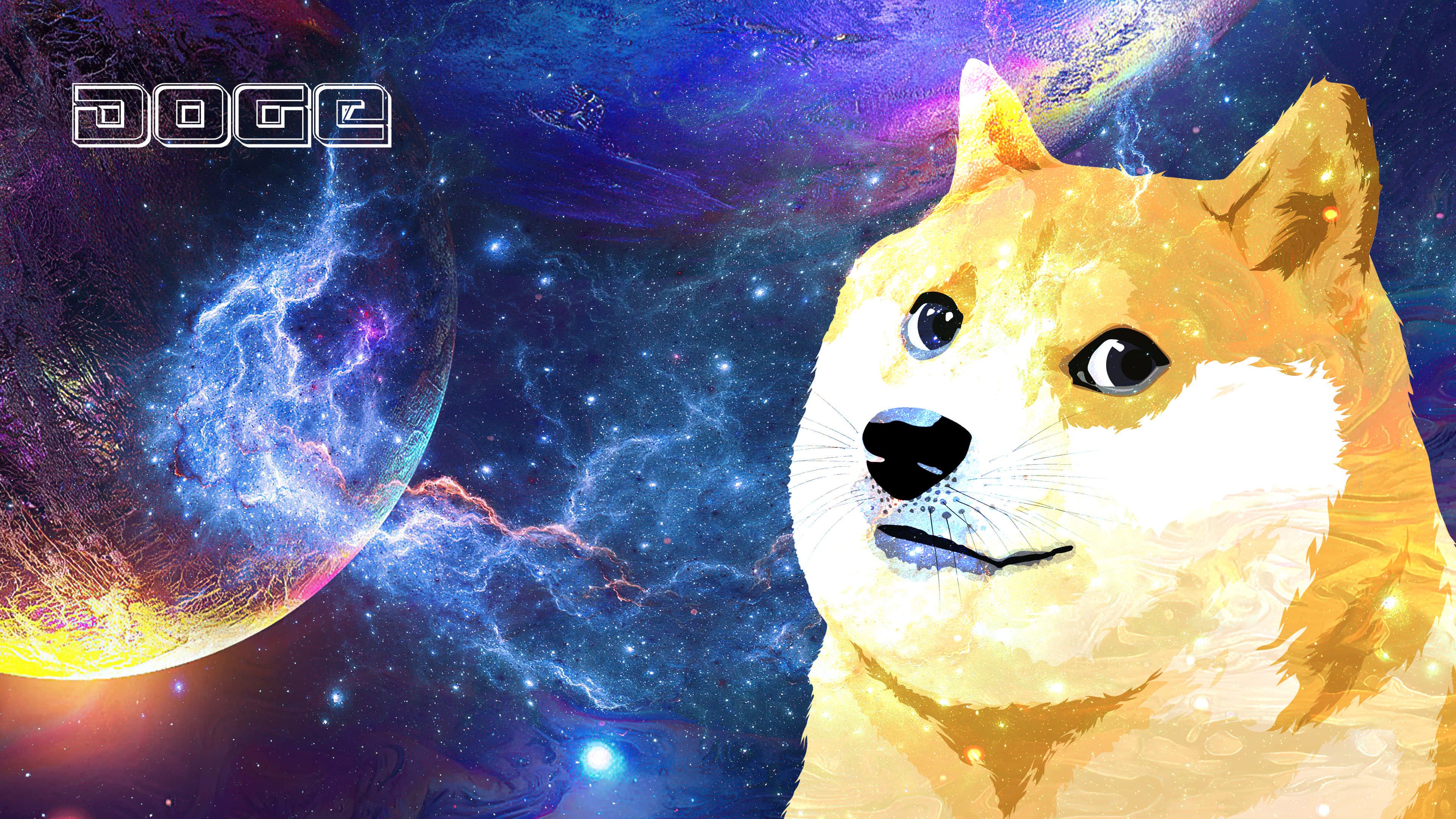 Galaxy Doge, golden Shiba Inu, cosmic nebula, 4K Desktop Wallpaper