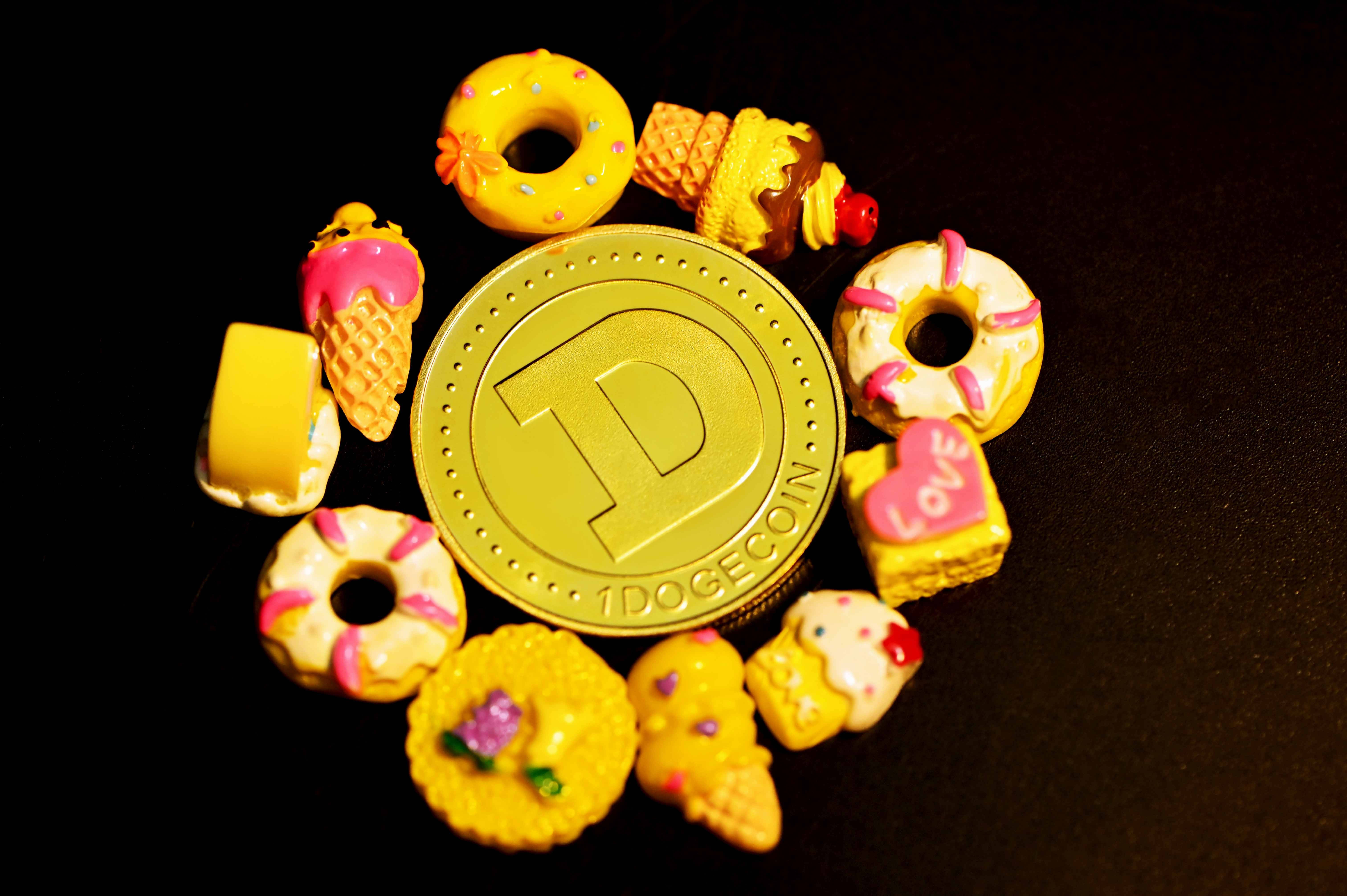 Dogecoin, golden Dogecoin, yellow sweets, 5K Desktop Wallpaper