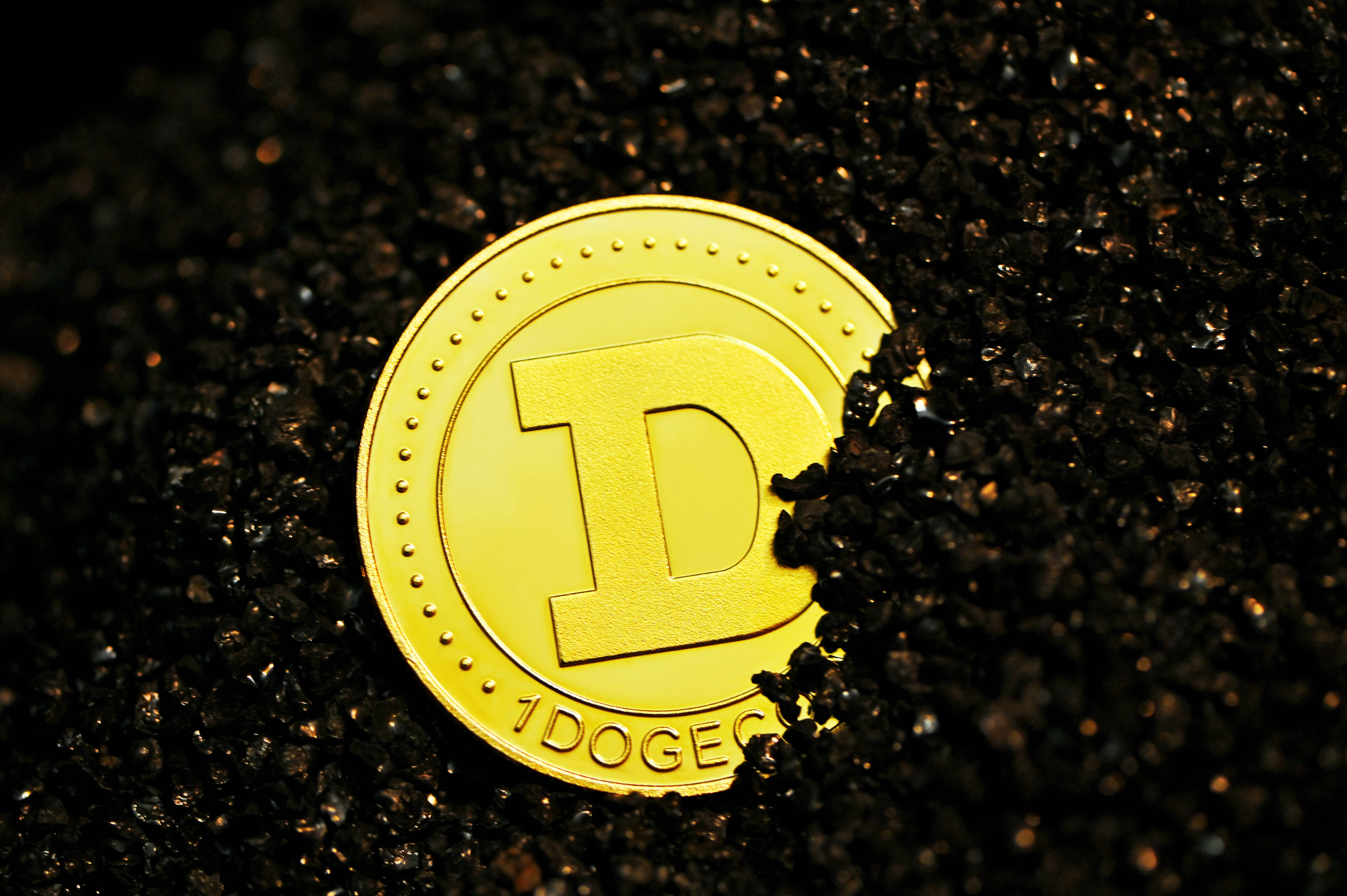 Dogecoin, gold, dark textured soil, 5K Desktop Wallpaper