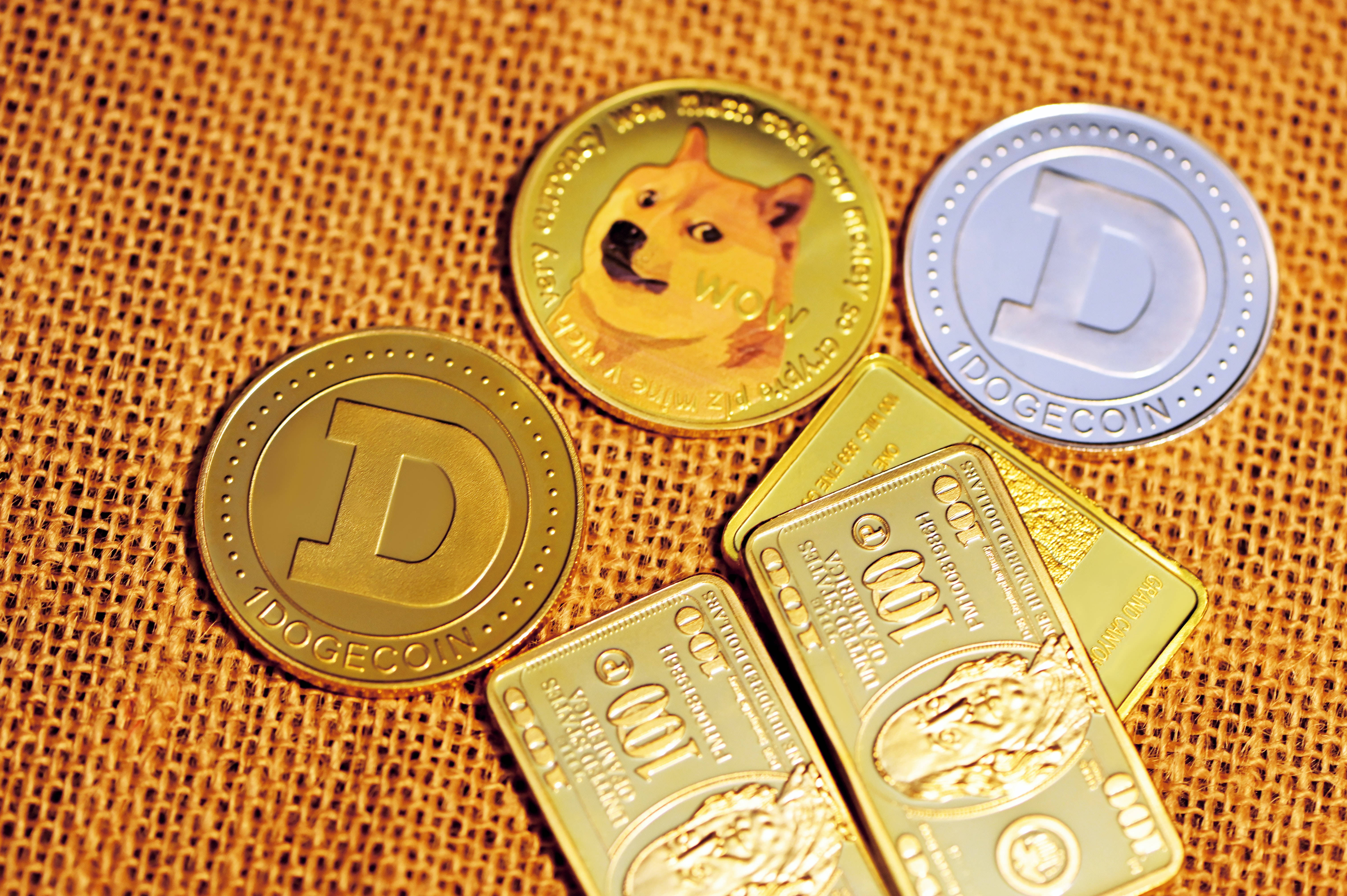 Dogecoin, gold dollars, textured burlap fabric, 5K Desktop Wallpaper