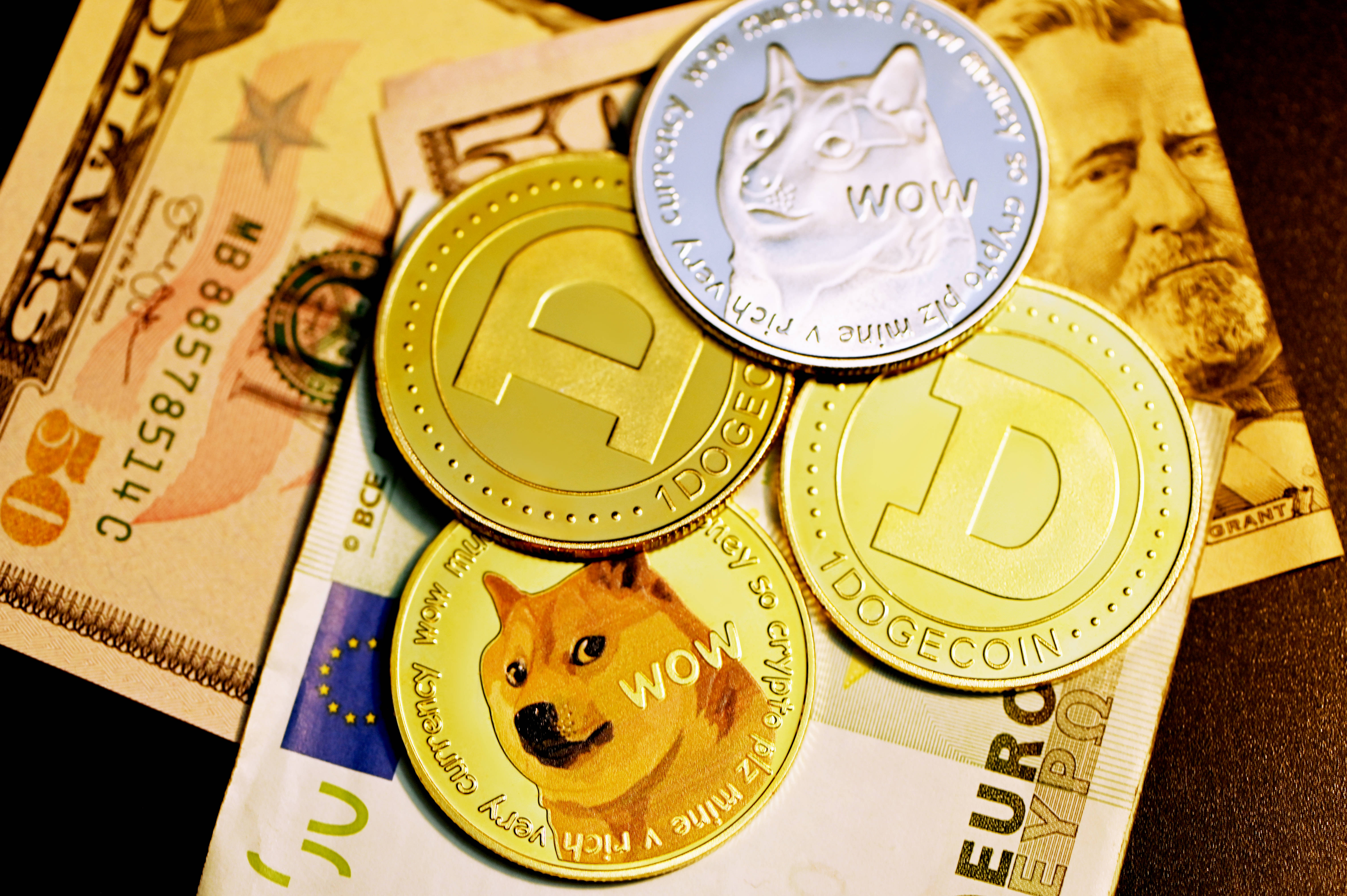 Dogecoin, US currency, Euro currency, 5K Desktop Wallpaper
