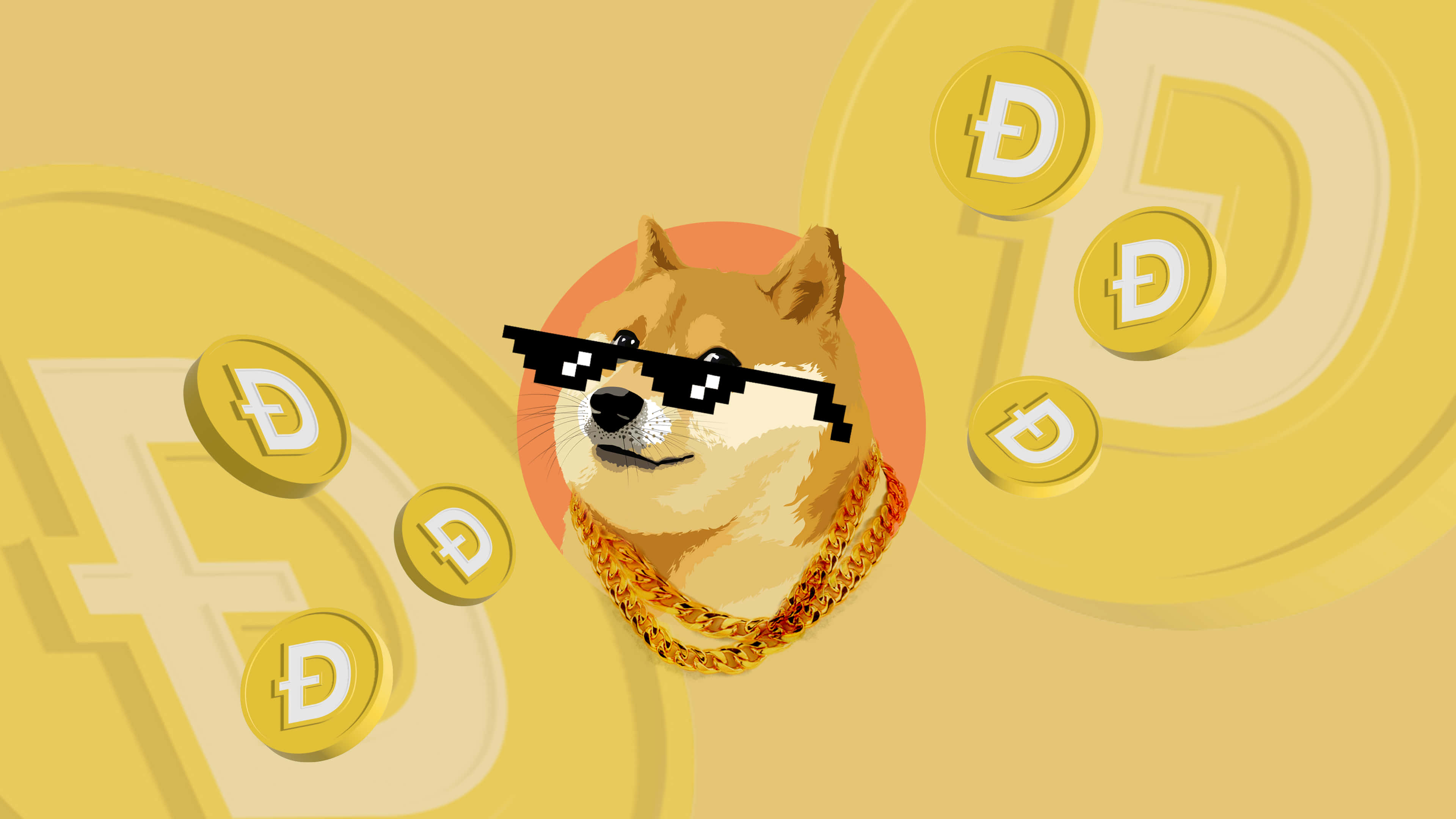 yellow doge coin, black sunglasses, gold chain, 4K Desktop Wallpaper