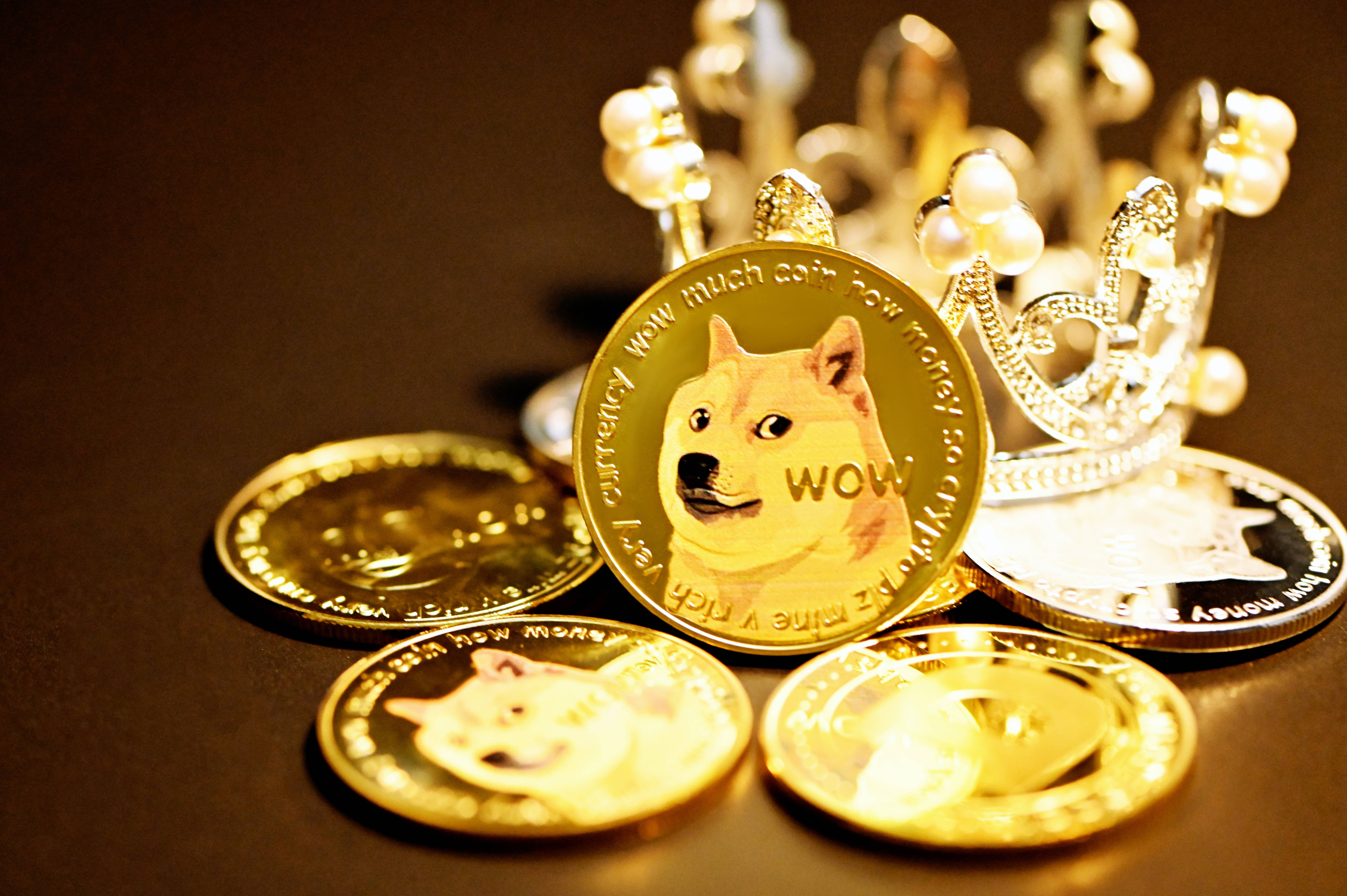 Dogecoin, gold tokens, jeweled crown, 5K Desktop Wallpaper