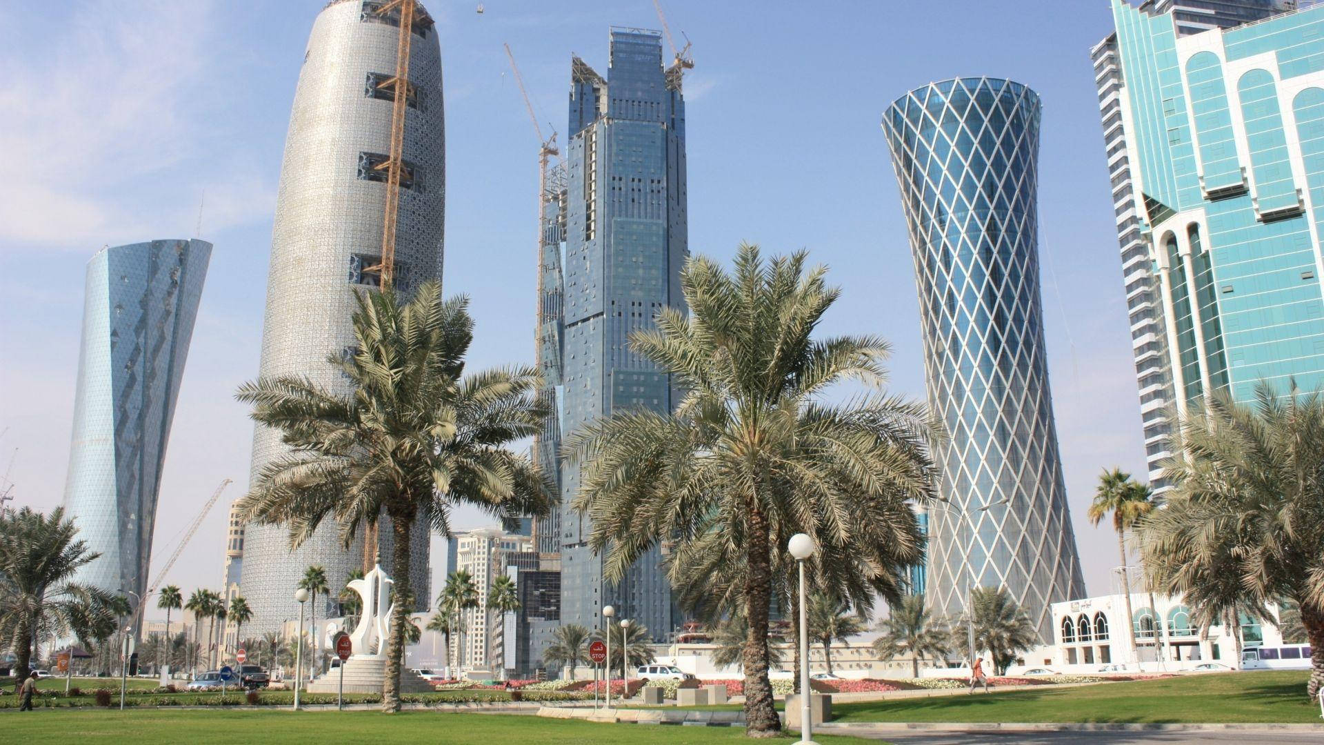 Doha, palm tree, skyscrapers, Full HD Desktop Wallpaper