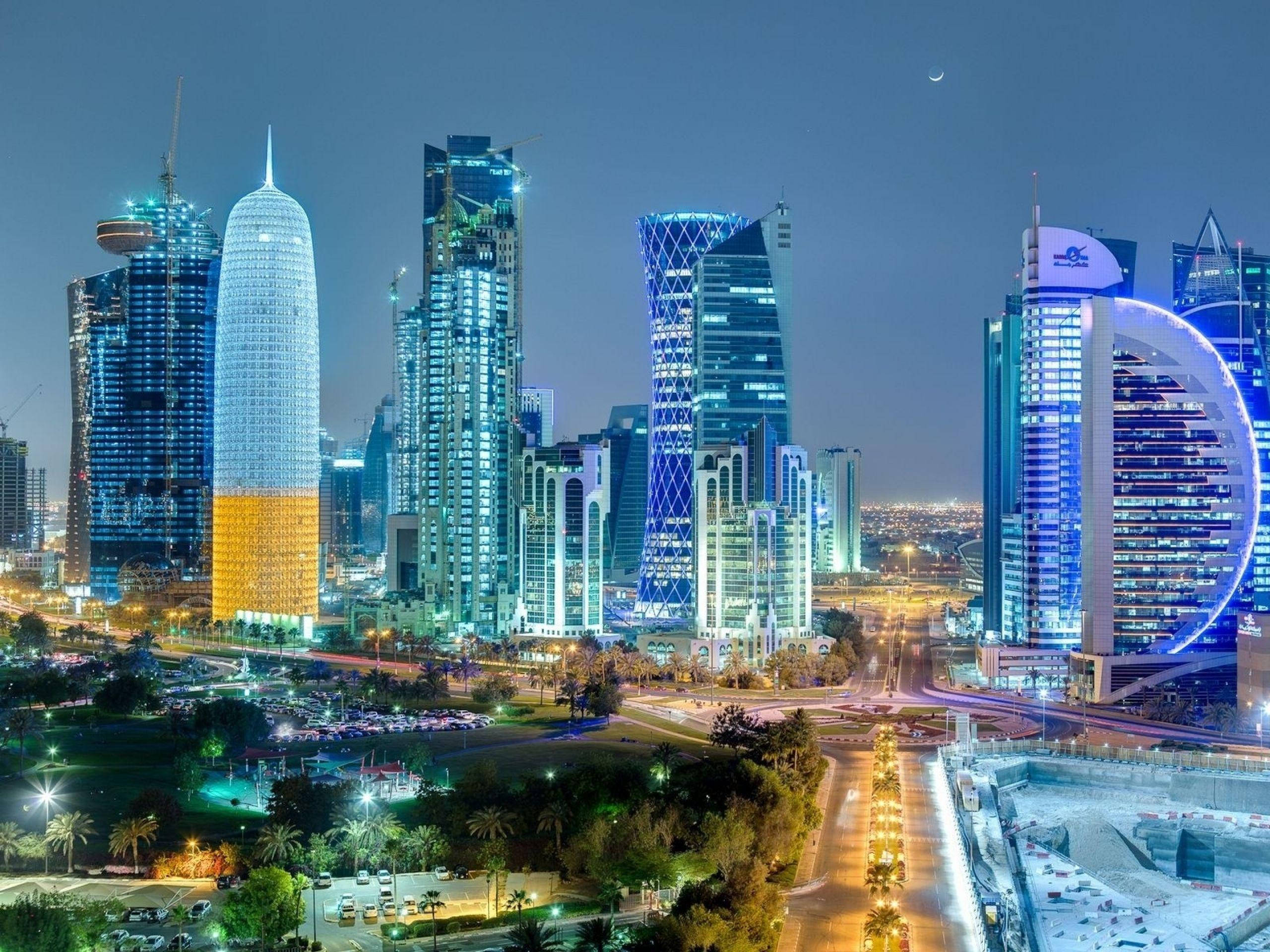 Doha, blue lights, gold lights, 2K Desktop Wallpaper