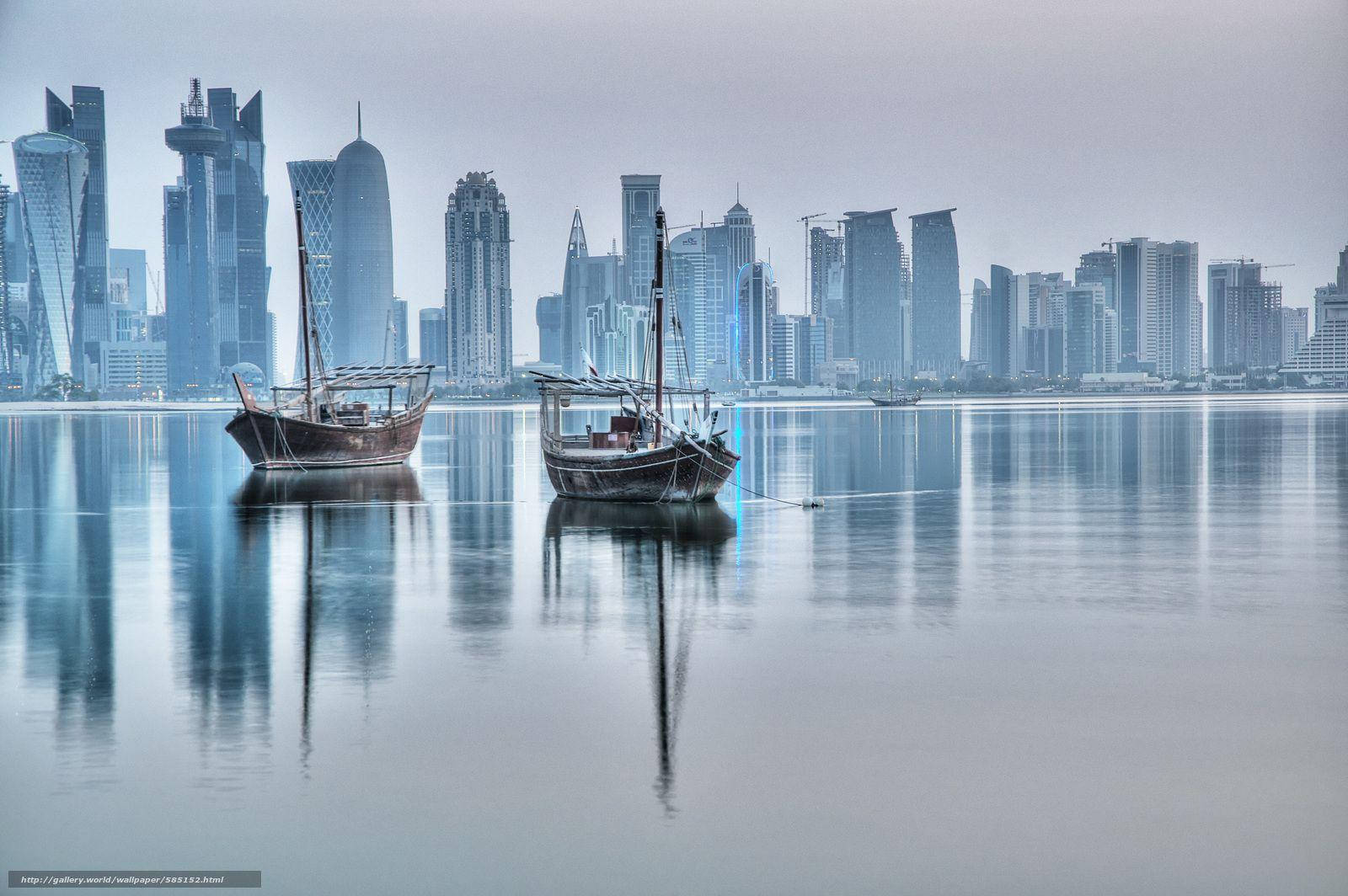 Doha, dhow boats, futuristic city skyline, HD Desktop Wallpaper