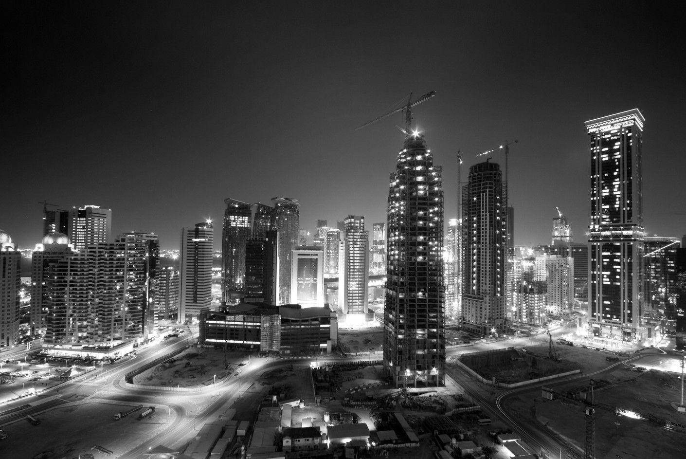 Doha, nighttime cityscape, towering skyscrapers, HD Desktop Wallpaper