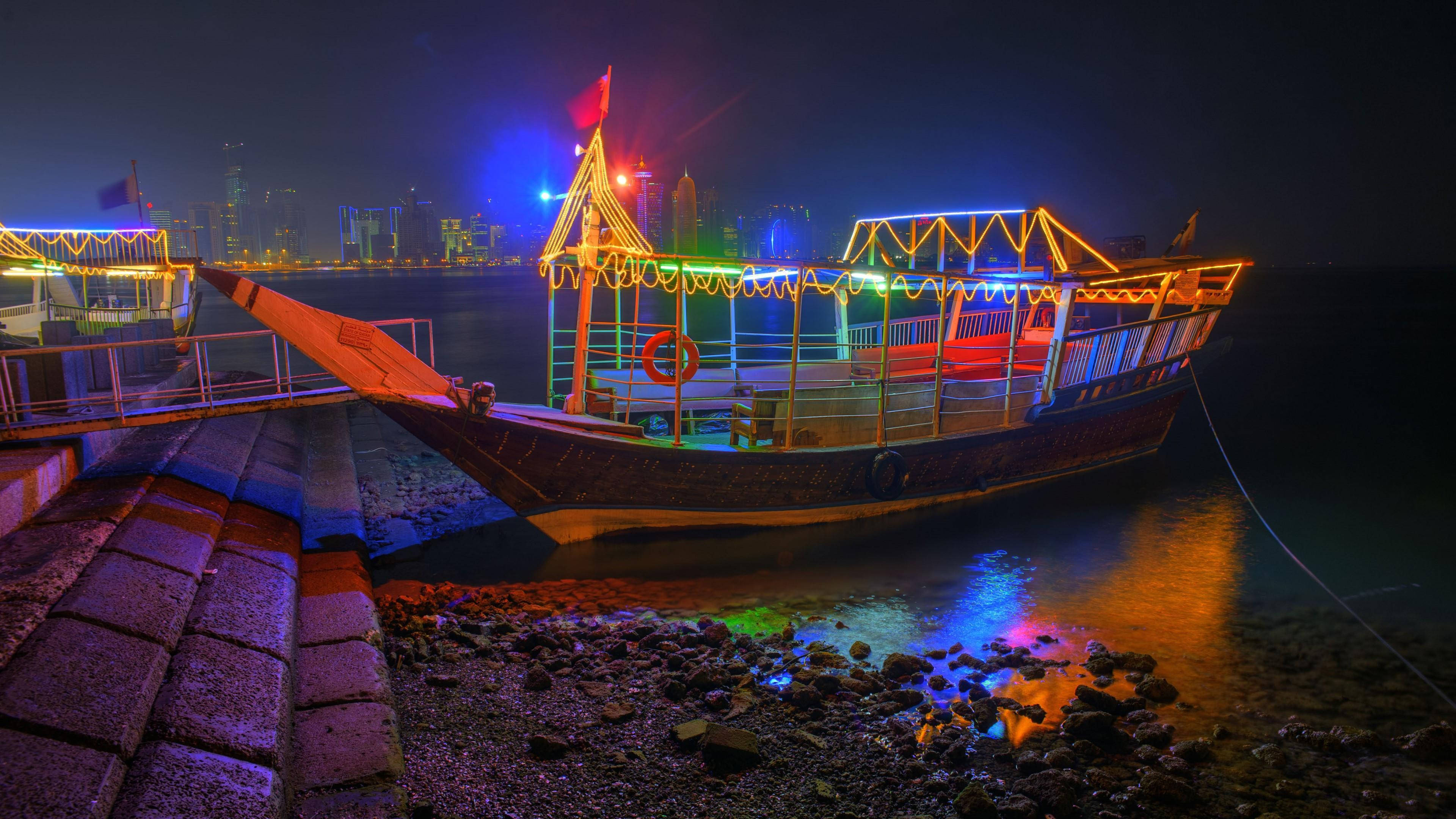 Doha, dhow boat, night, 4K Desktop Wallpaper