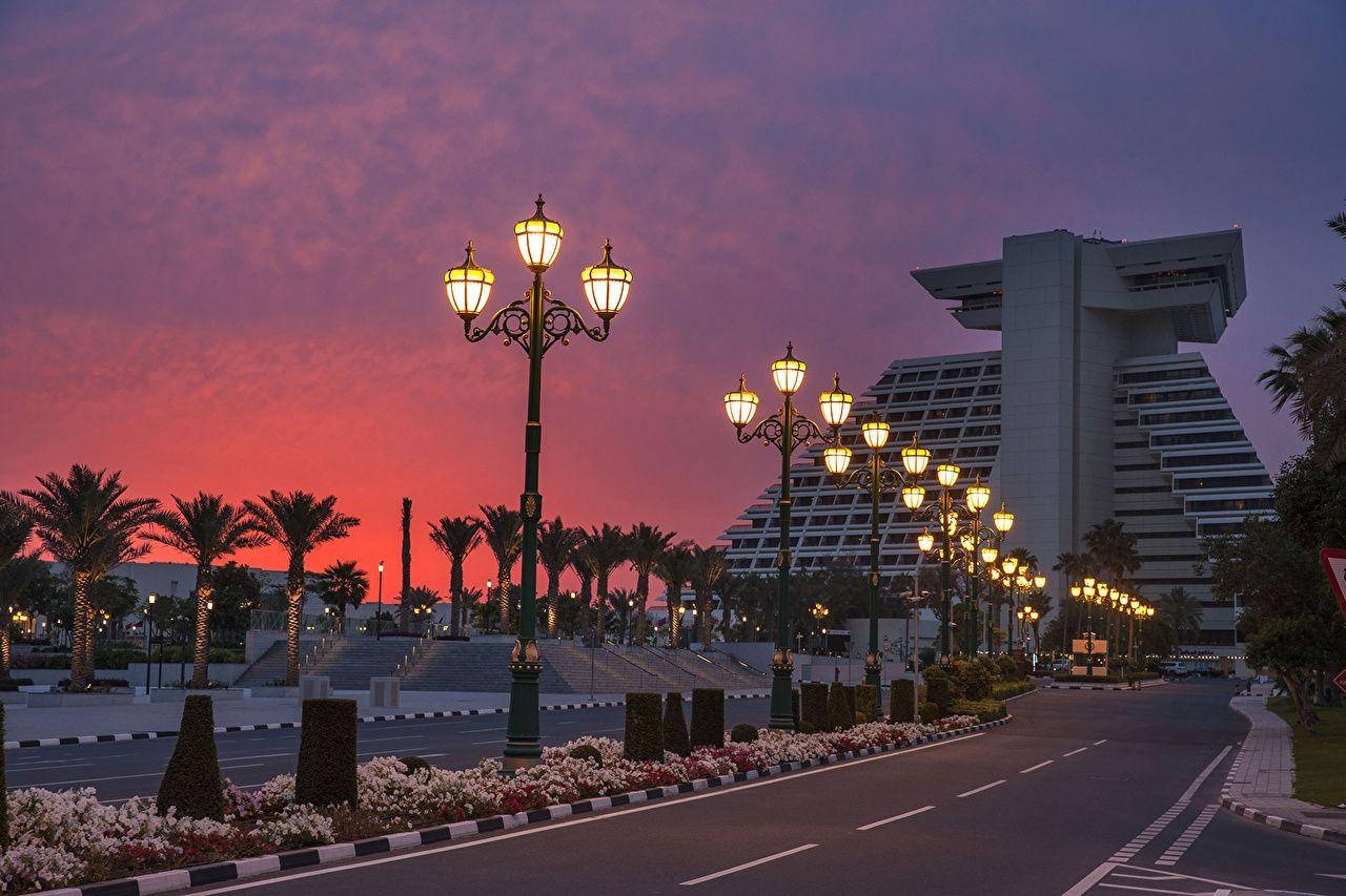 Doha, sunset, pink and purple sunset sky, HD Desktop Wallpaper