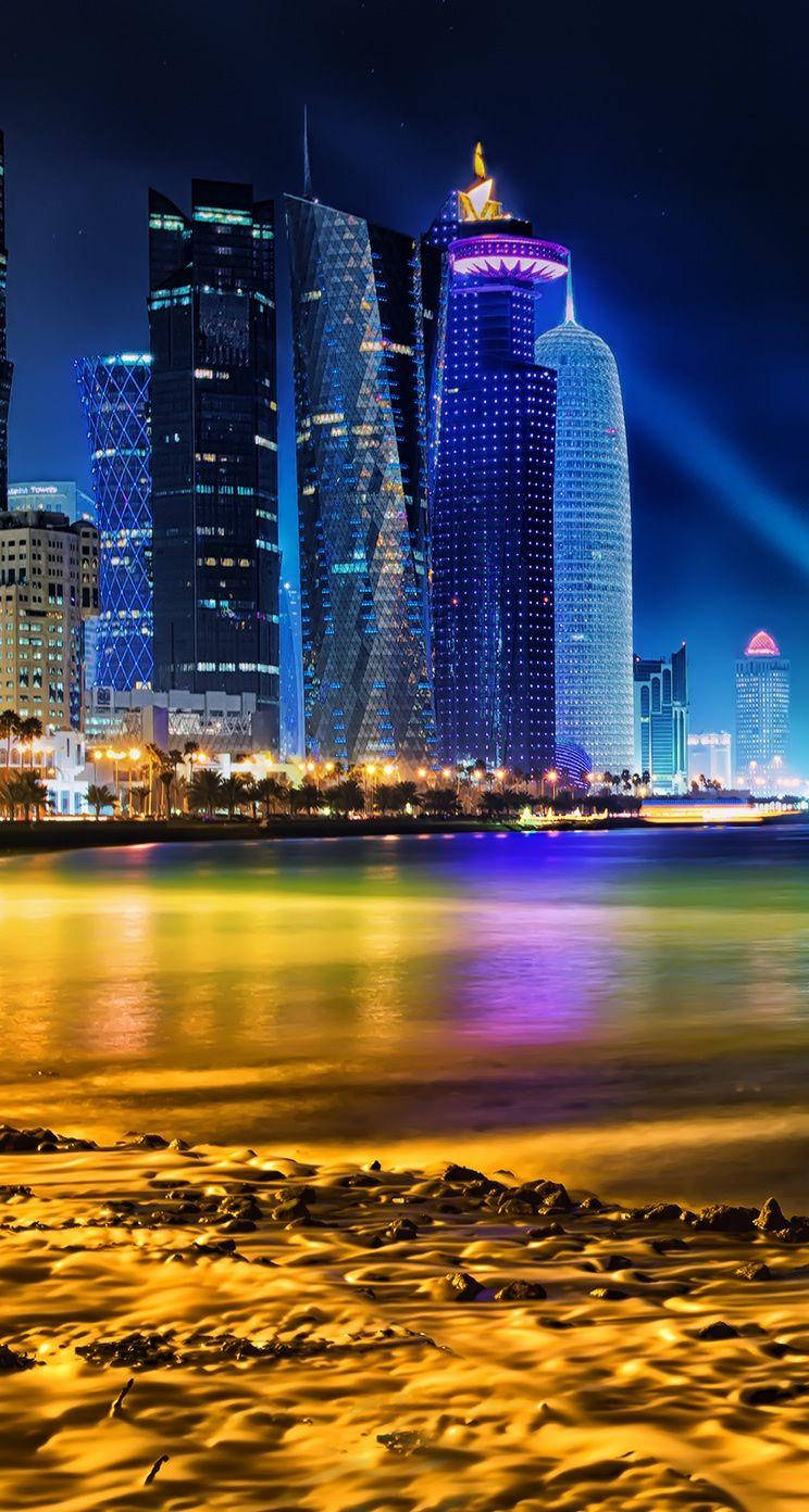 Doha, City Beach, night cityscape, HD Phone Wallpaper