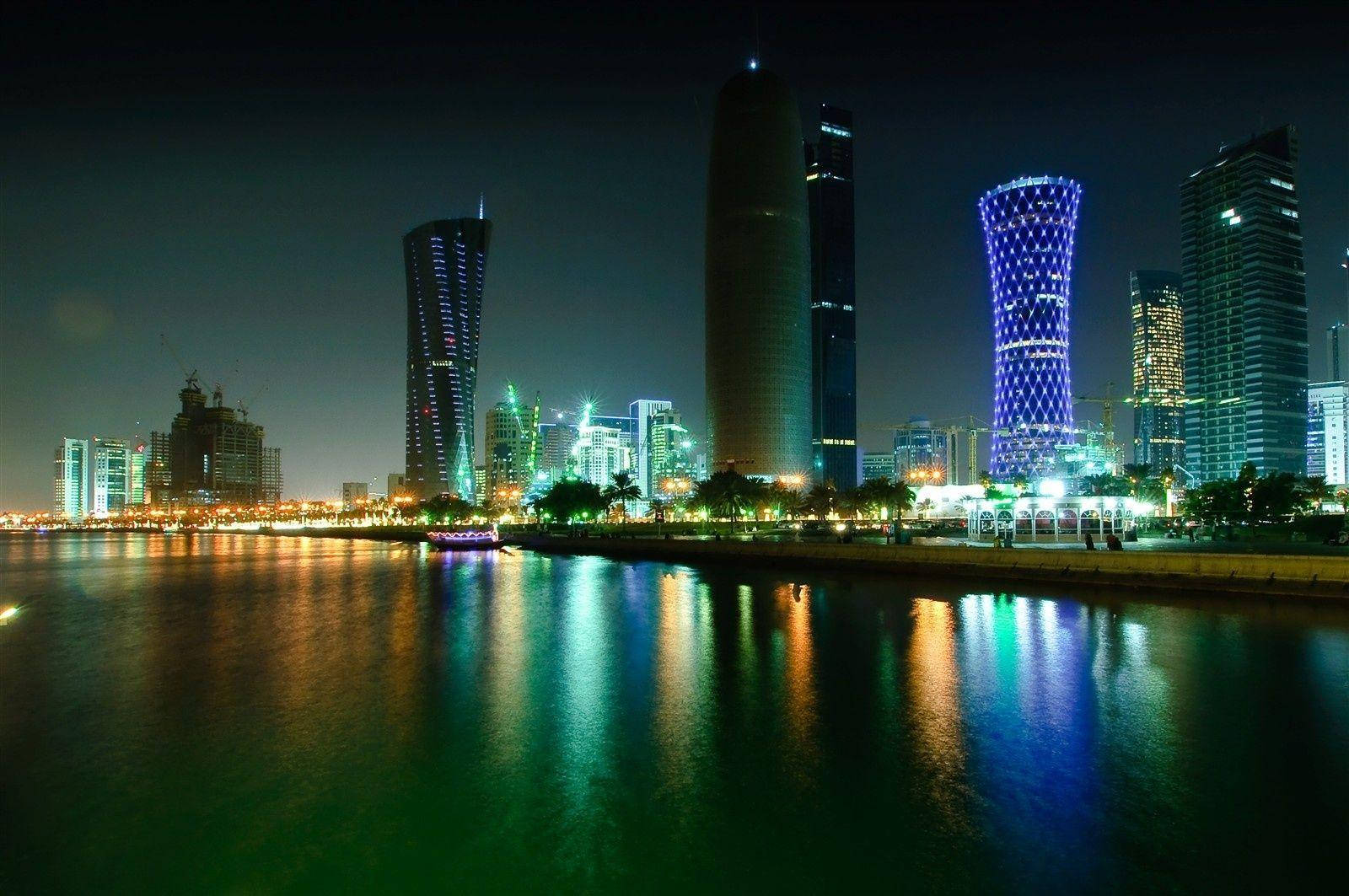 Doha, nighttime cityscape, illuminated skyscrapers, HD Desktop Wallpaper