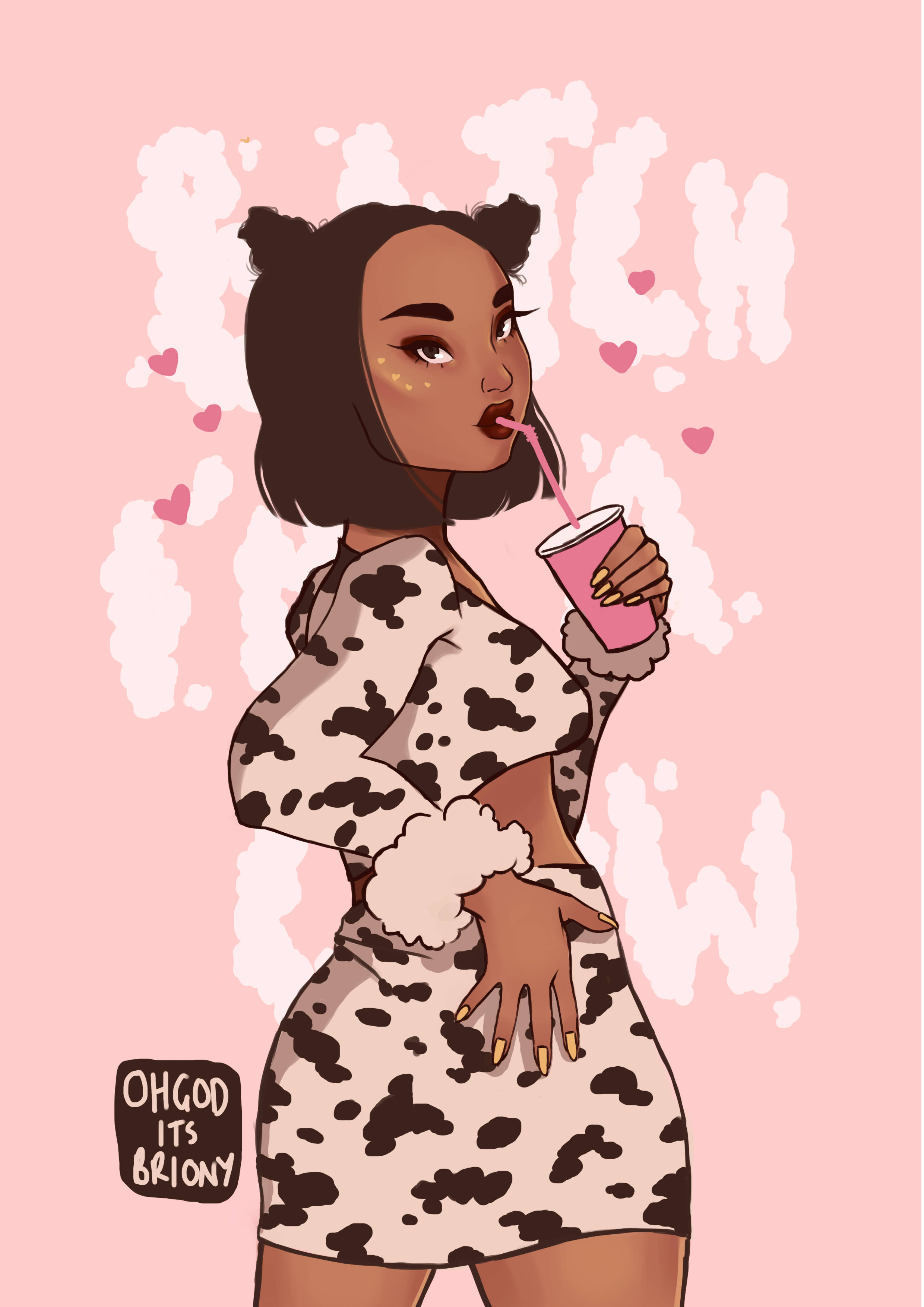 Doja Cat, cow print dress, pink drink, 2K Phone Wallpaper