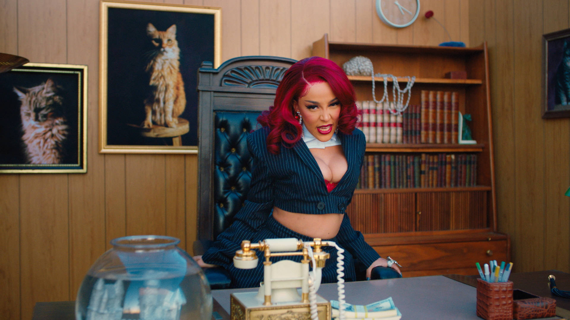 Doja Cat, vintage office chair, desk, Full HD Desktop Wallpaper
