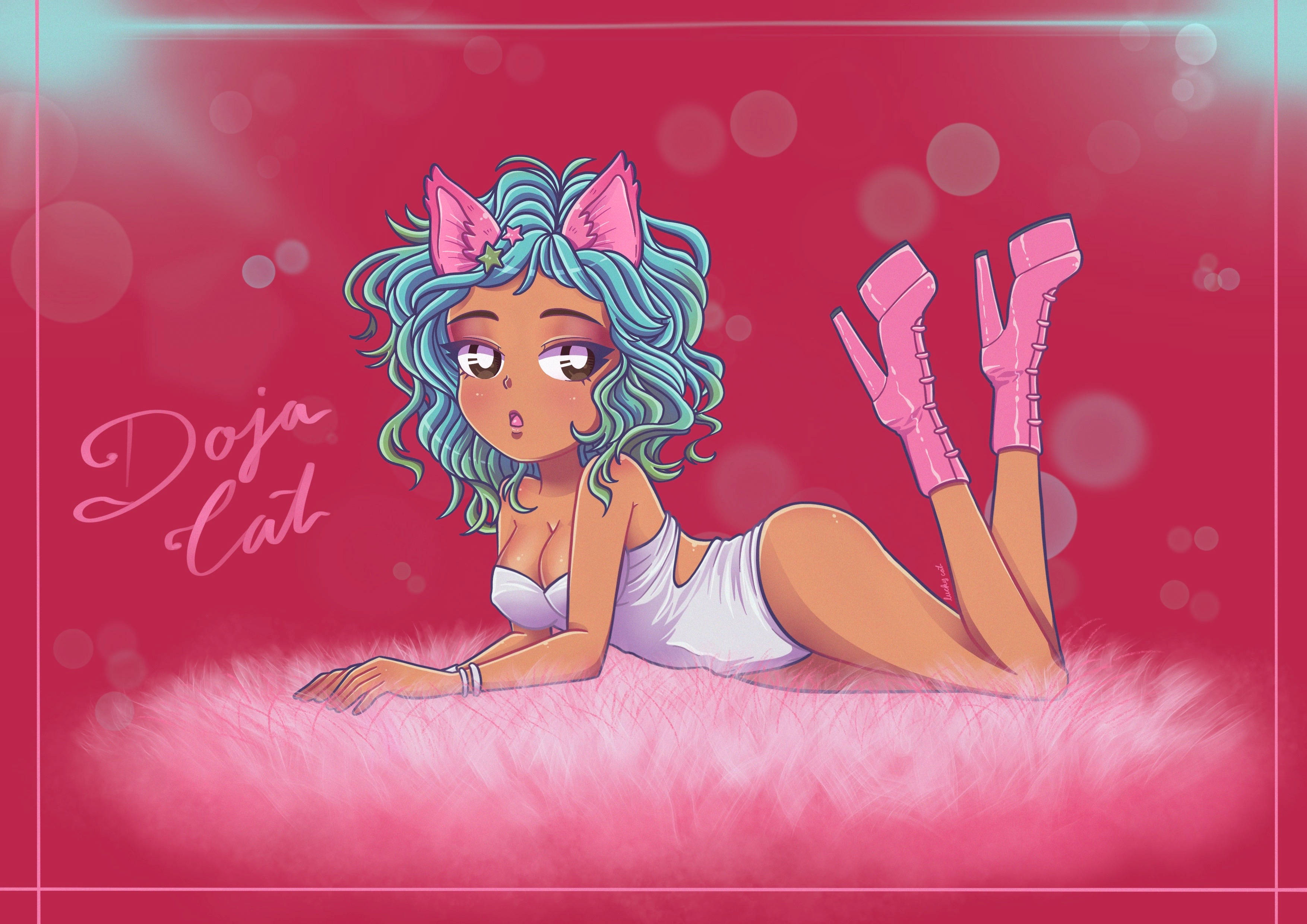 Doja Cat, teal hair, pink cat ears, 2K Desktop Wallpaper