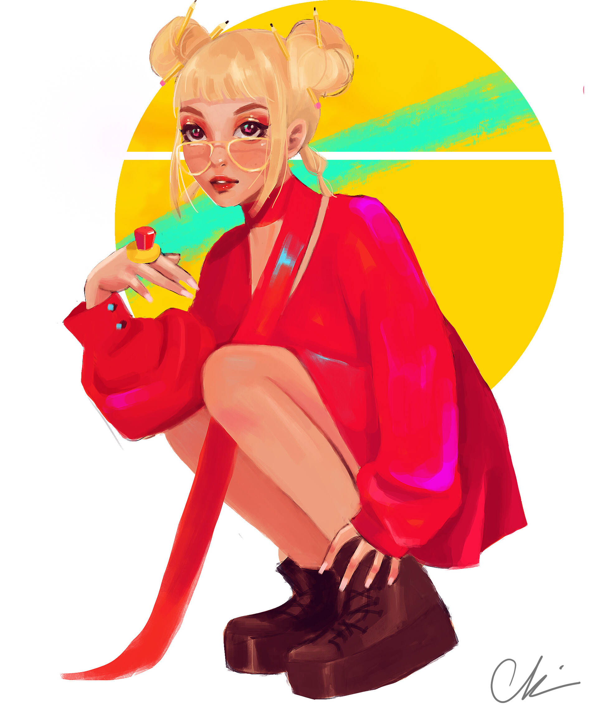 blonde pigtails, glasses, red robe, Full HD Phone Wallpaper