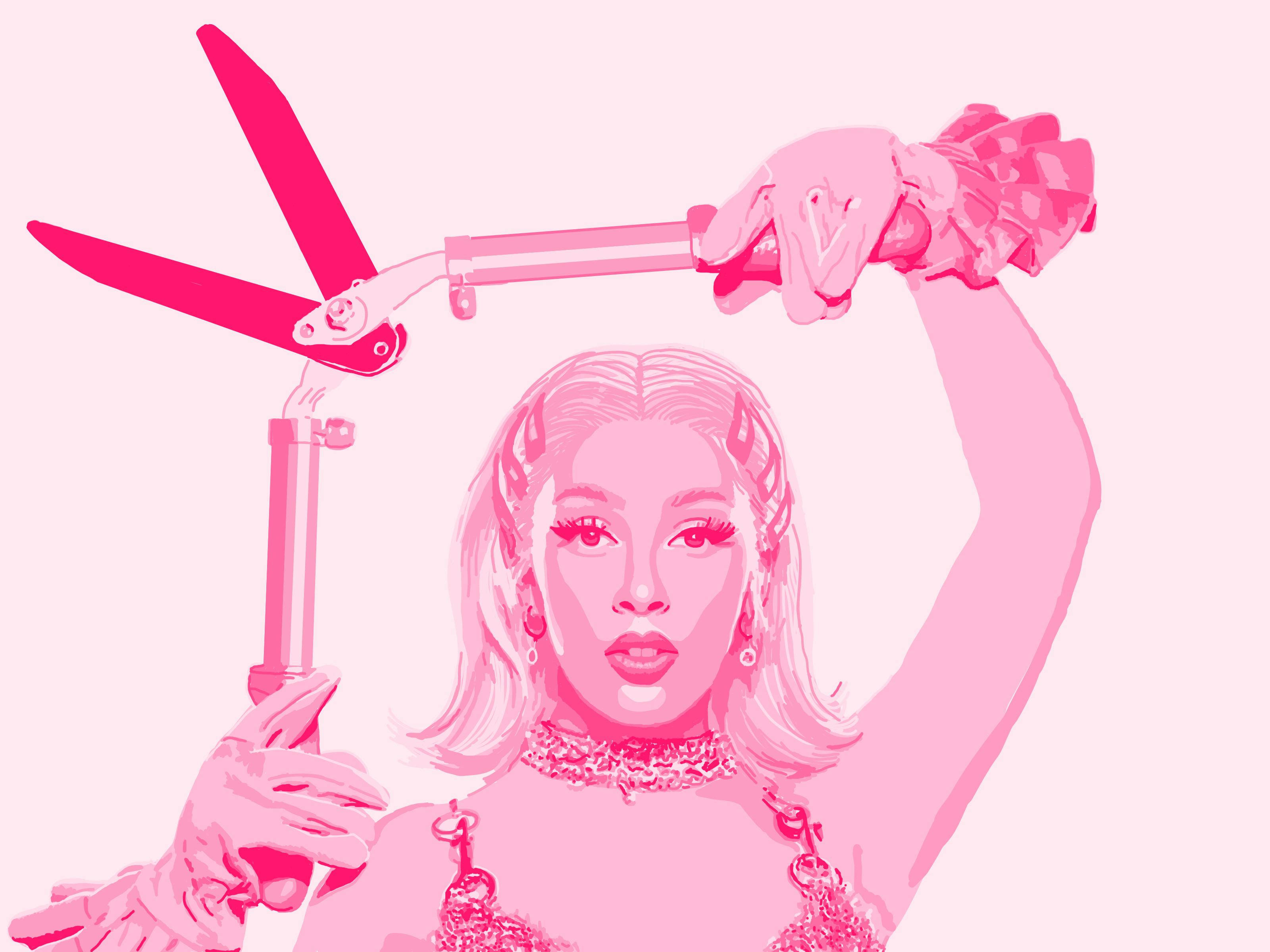 Doja Cat, pink scissors, stylized illustration, 2K Desktop Wallpaper