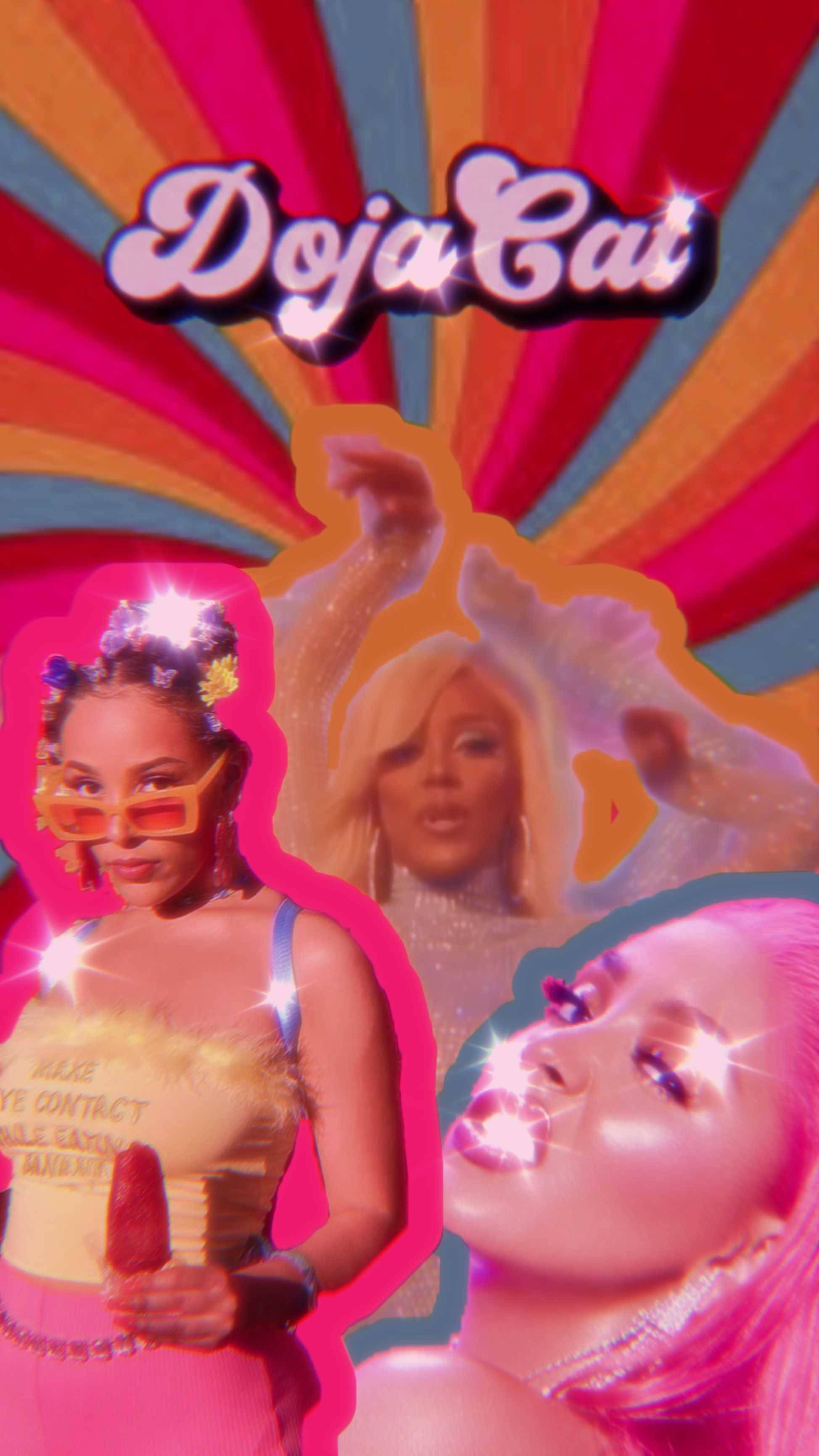 Retro Doja Cat, neon colors, glittering sparkles, 2K Phone Wallpaper