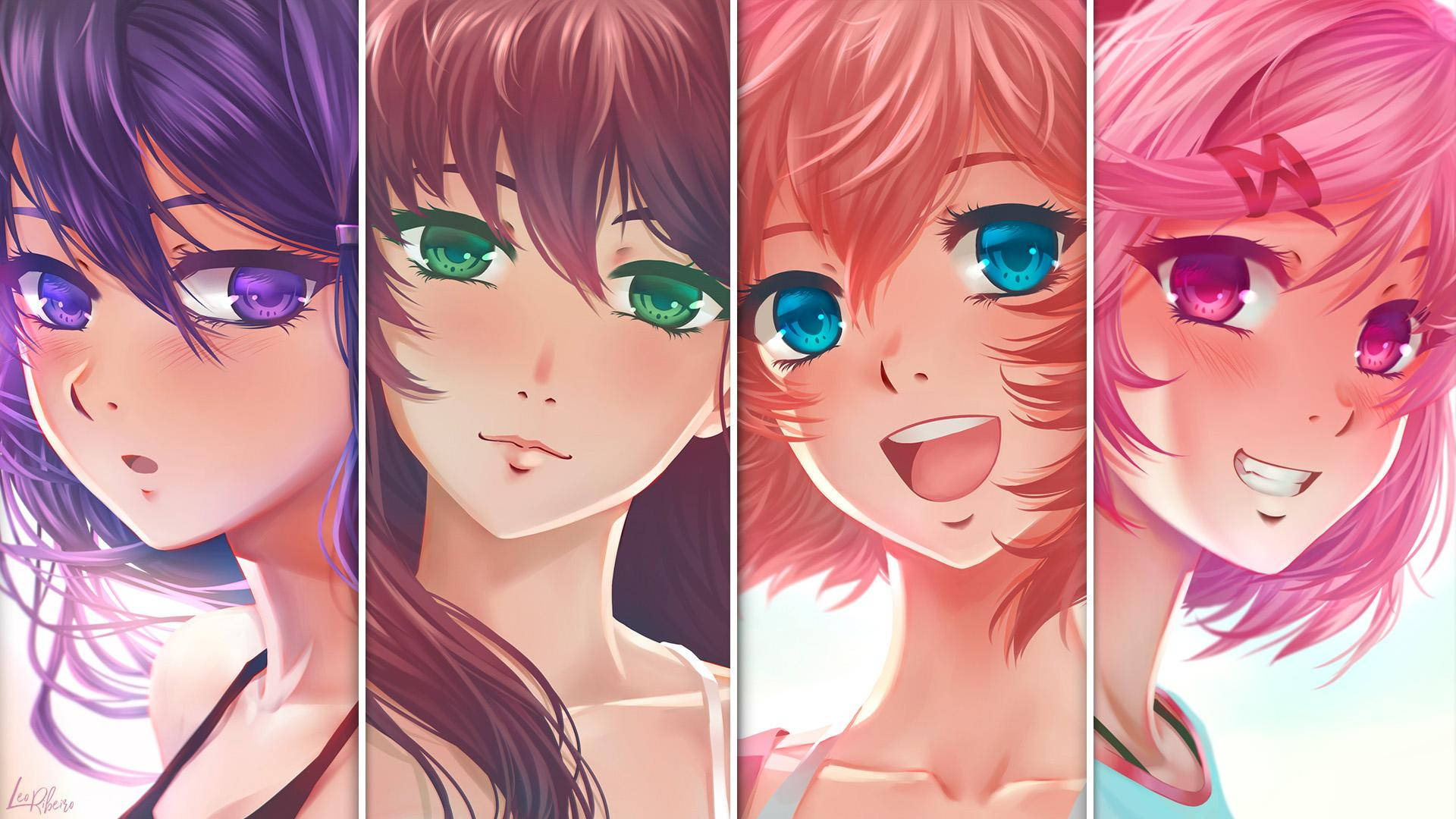 Doki Doki Literature Club, anime girls, vibrant hair, Full HD Desktop Wallpaper