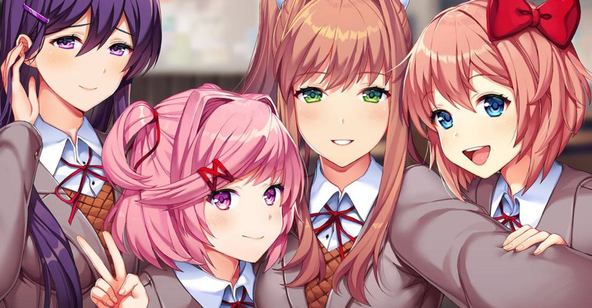 Doki Doki Literature Club, anime girls, school uniforms, Full HD Desktop Wallpaper
