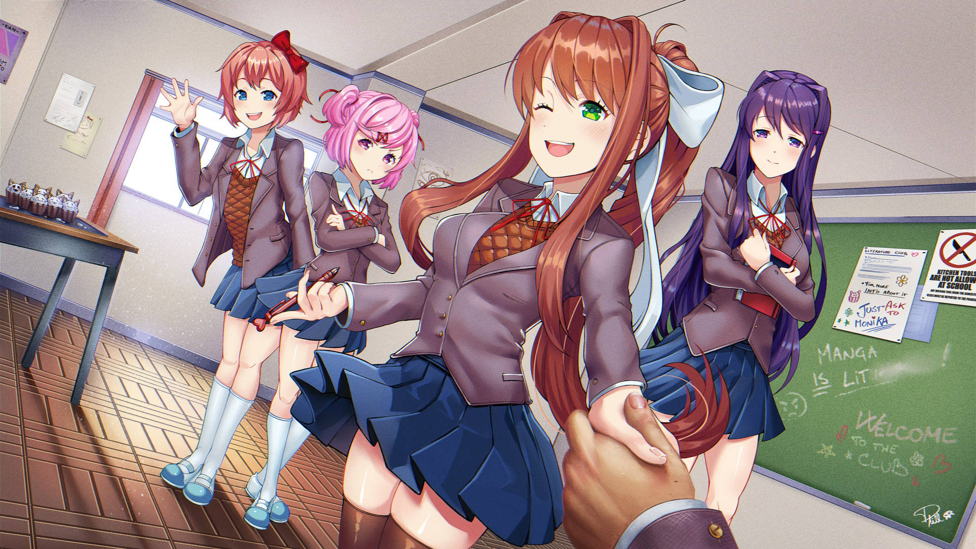 Doki Doki Literature Club, anime girls, school uniforms, Full HD Desktop Wallpaper