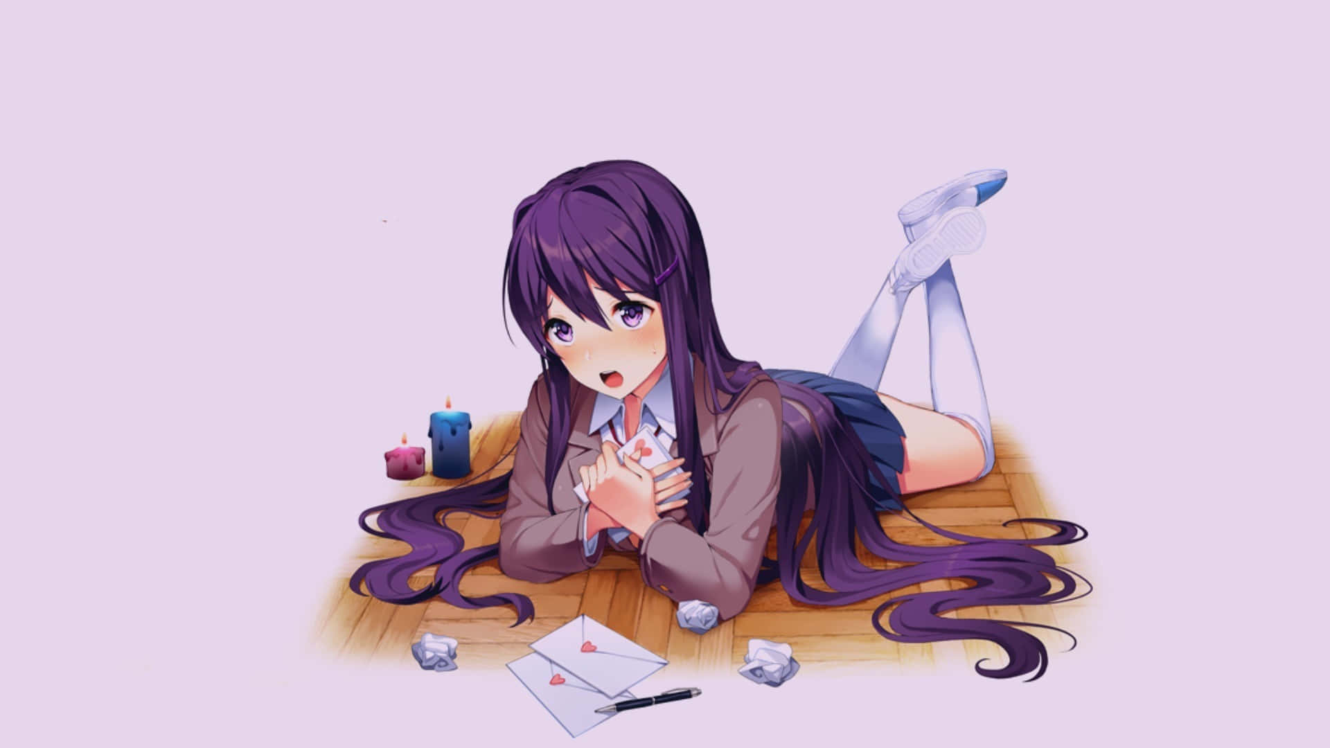 Doki Doki Literature Club, purple hair, wooden floor, Full HD Desktop Wallpaper