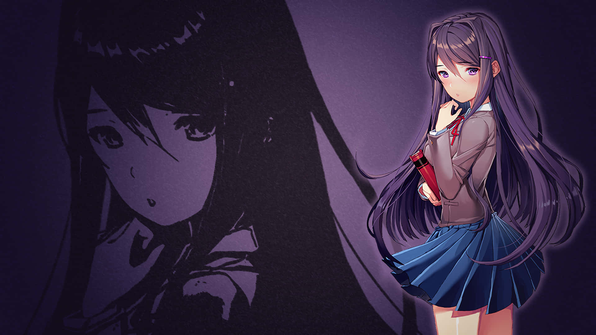 Doki Doki, purple-haired anime girl, school uniform, Full HD Desktop Wallpaper