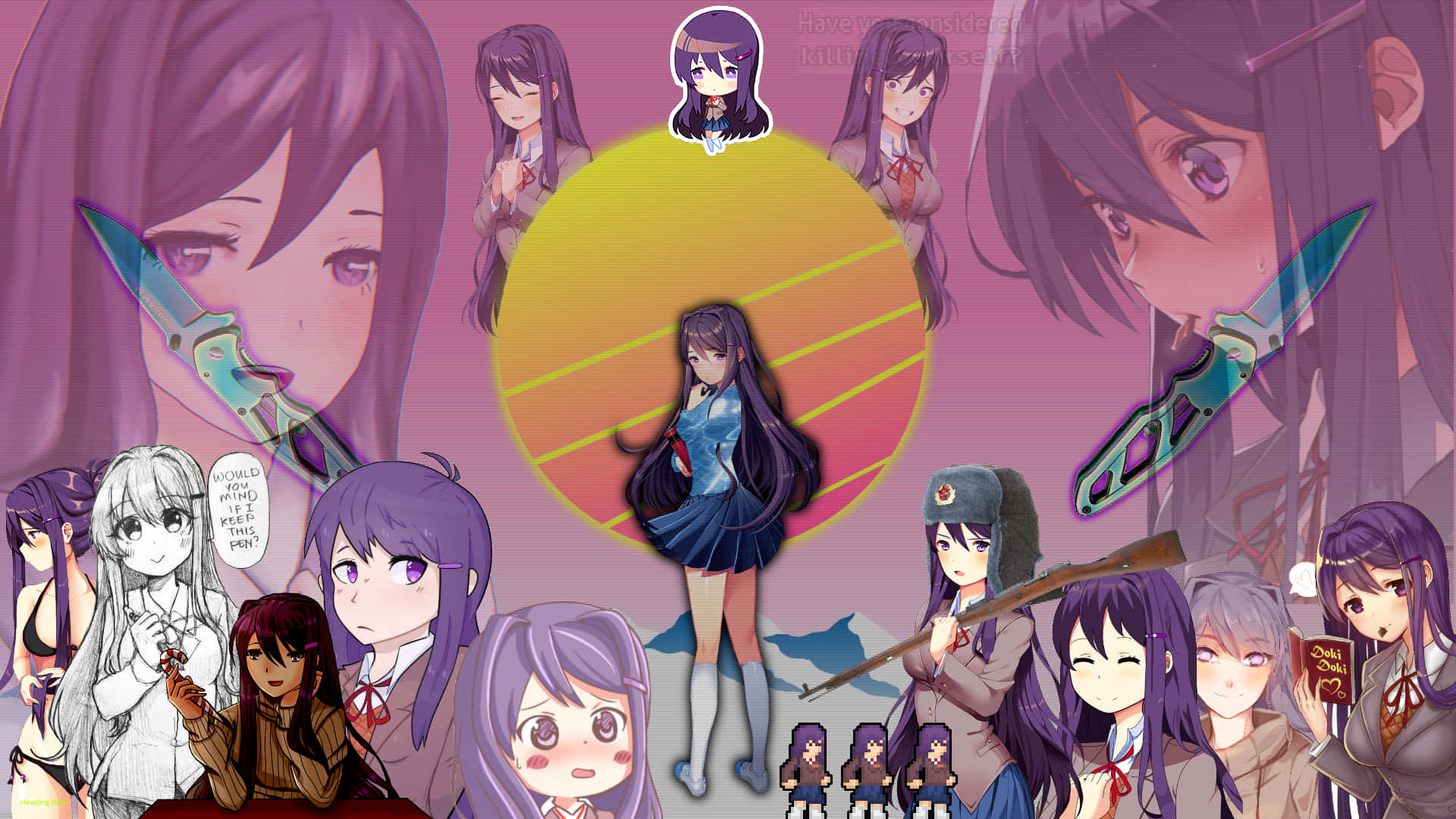 Doki Doki, purple hair, knives, Full HD Desktop Wallpaper