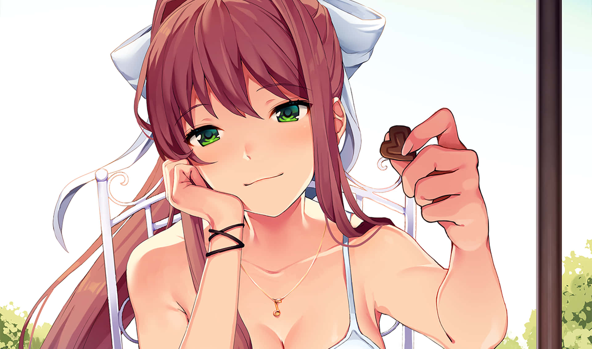 Doki Doki, anime girl, green eyes, Full HD Desktop Wallpaper