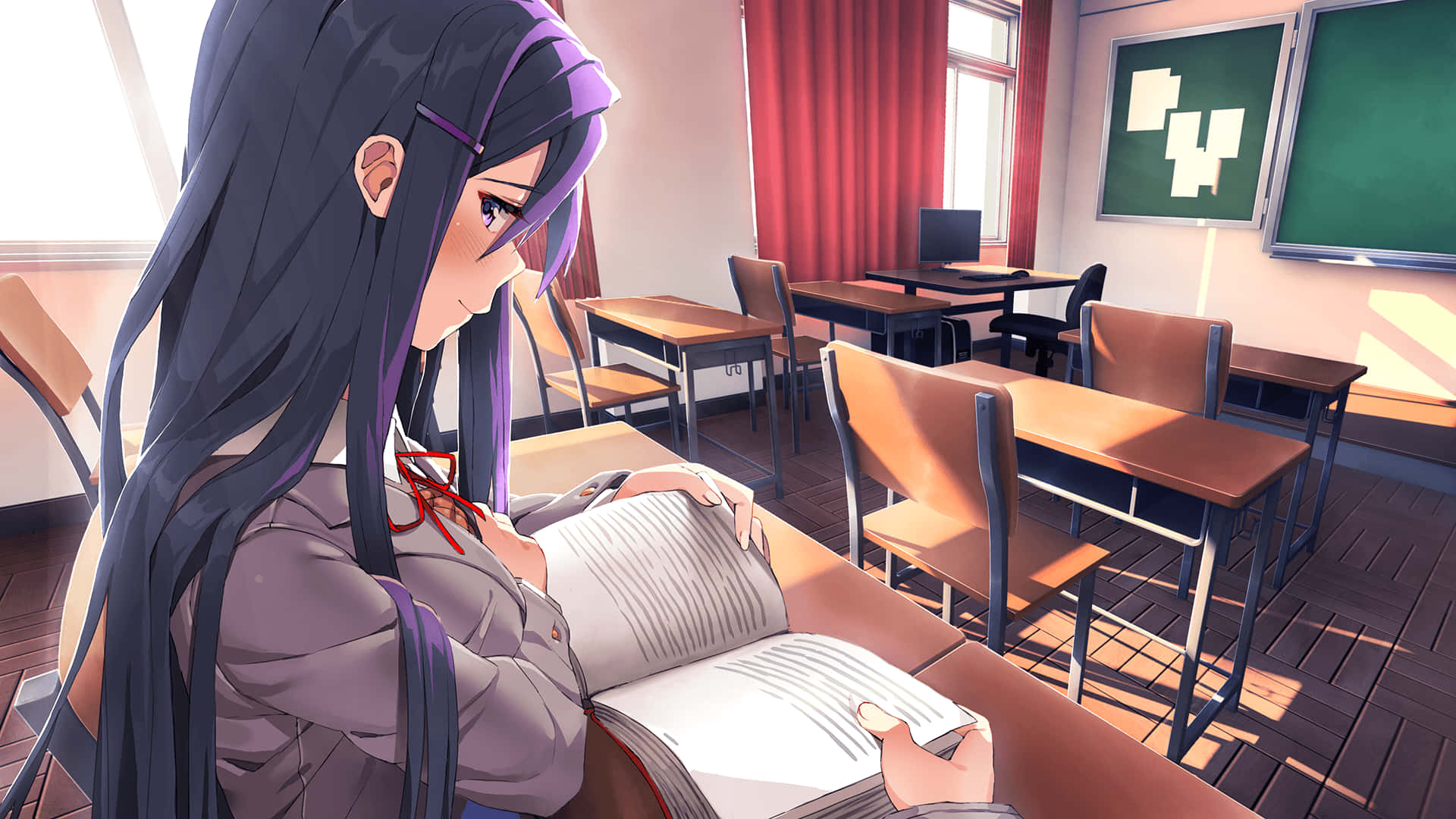 Doki Doki, purple-haired anime girl, school uniform, Full HD Desktop Wallpaper