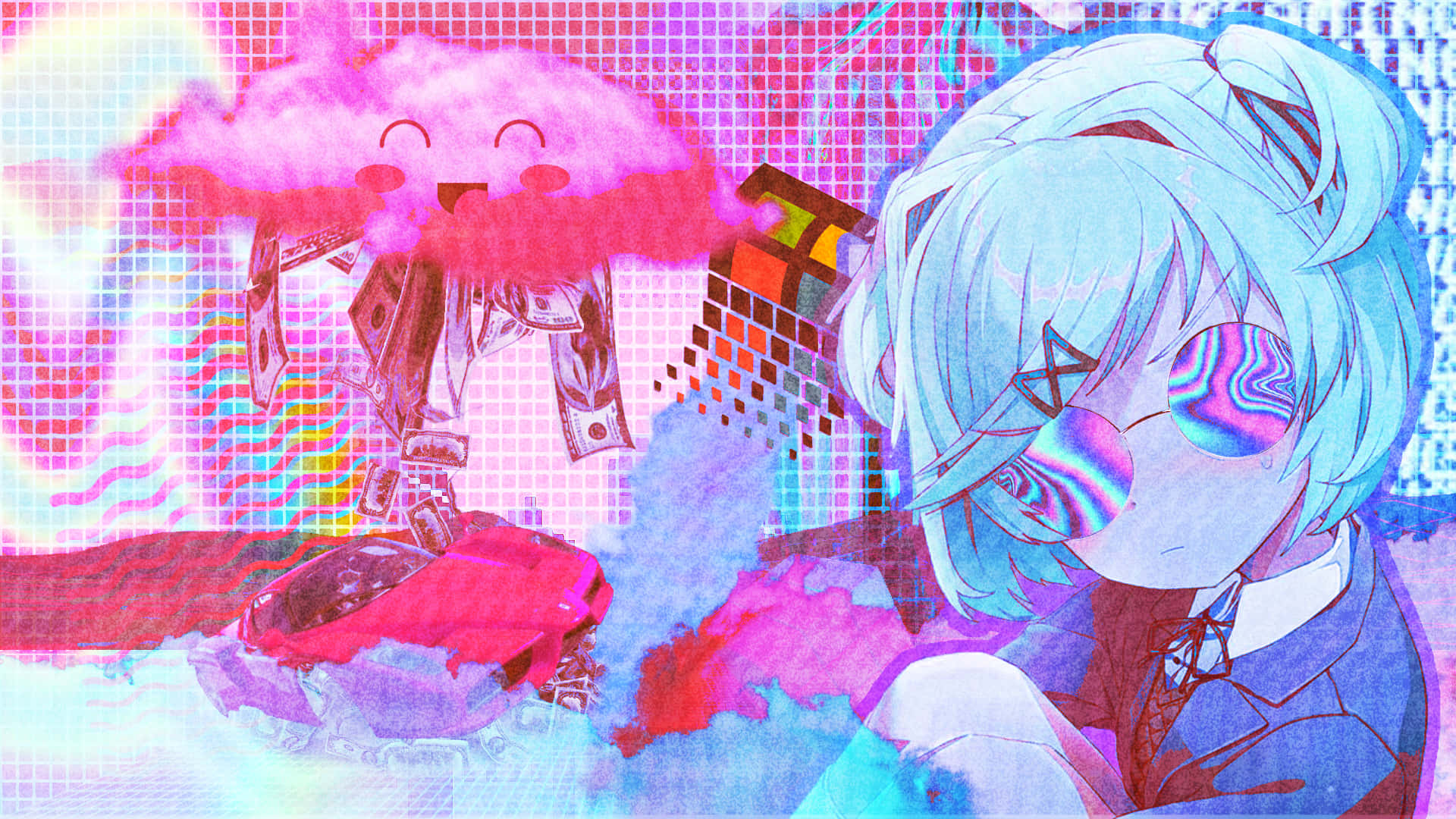 Doki Doki, blue-haired anime girl, glitchy sunglasses, Full HD Desktop Wallpaper