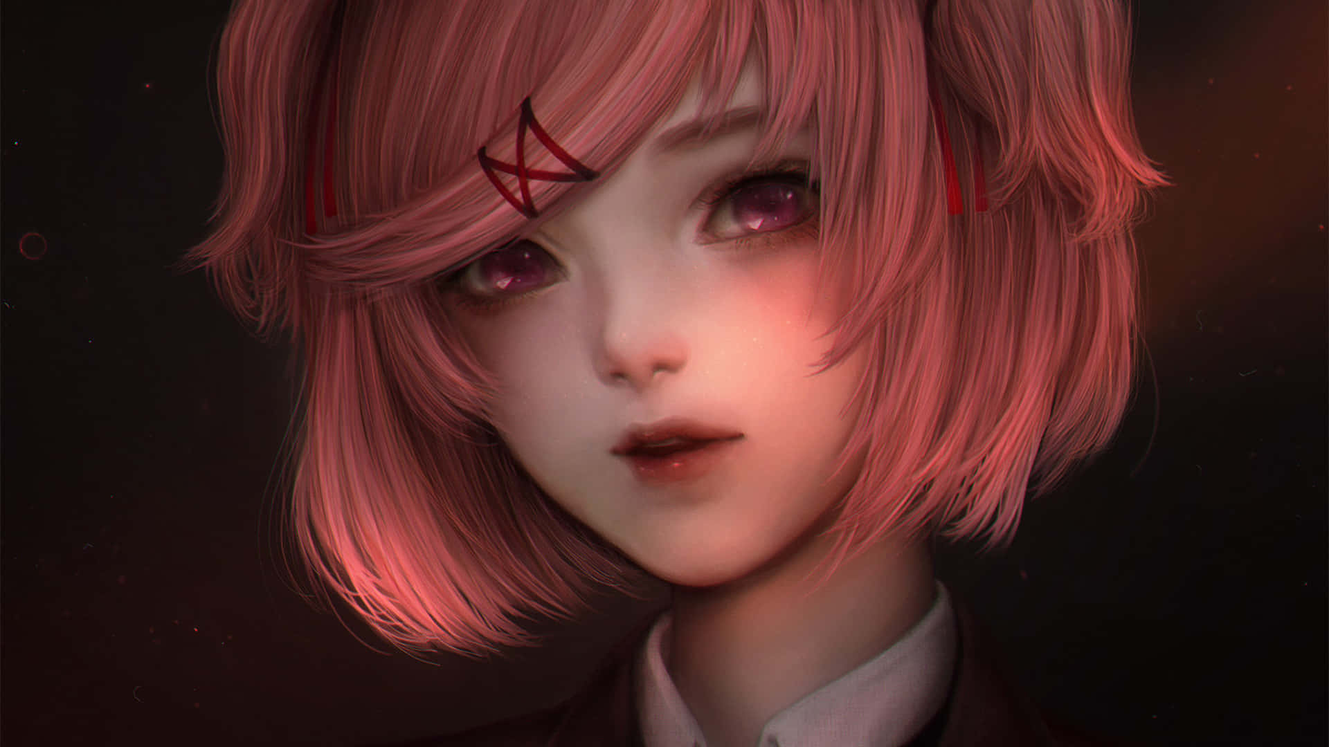 Doki Doki, pink-haired anime girl, red pentagram, Full HD Desktop Wallpaper