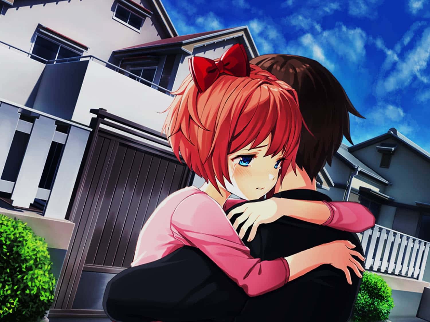 Doki Doki, red-haired anime girl, bow, HD Desktop Wallpaper
