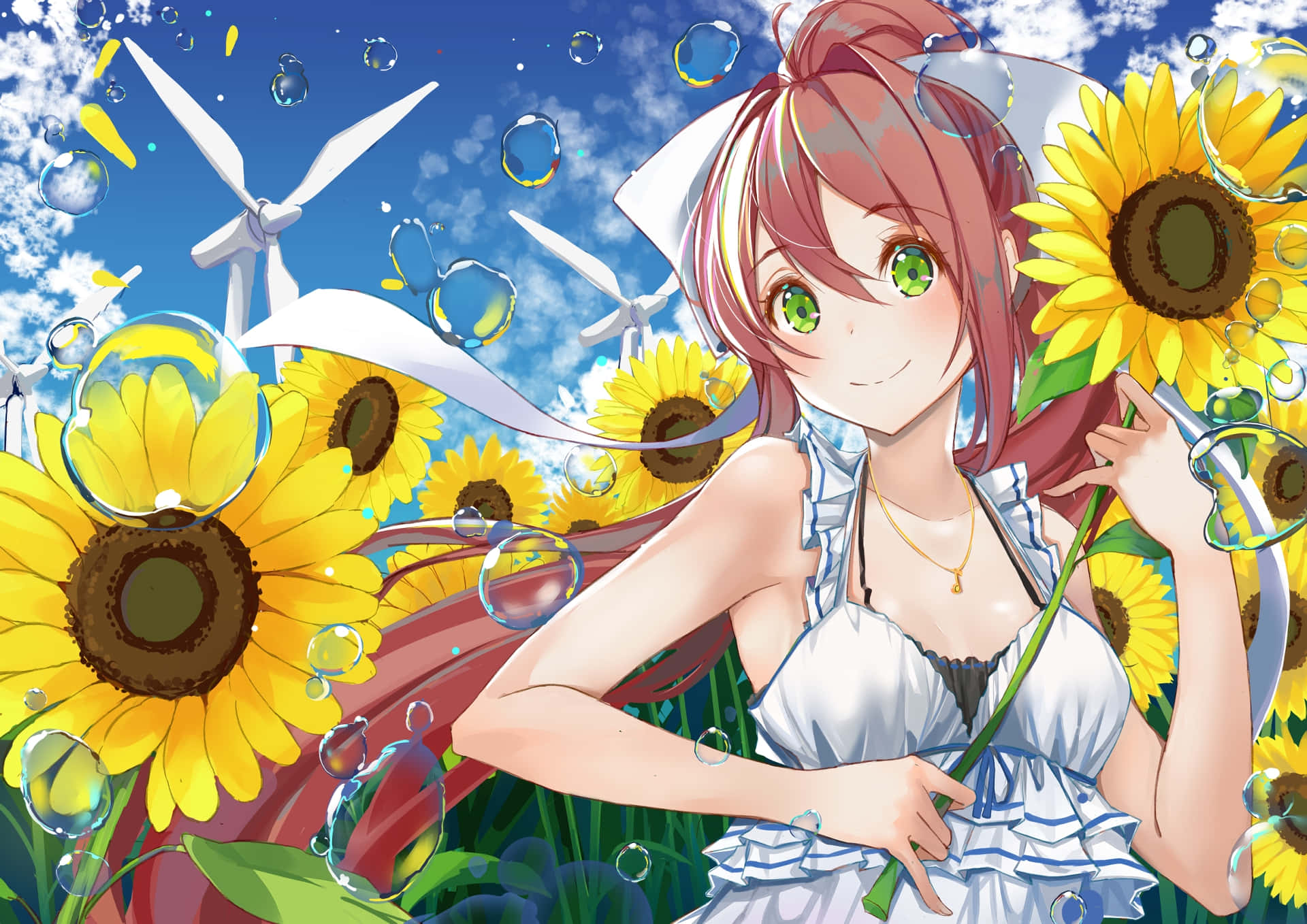Doki Doki, anime girl, green eyes, Full HD Desktop Wallpaper