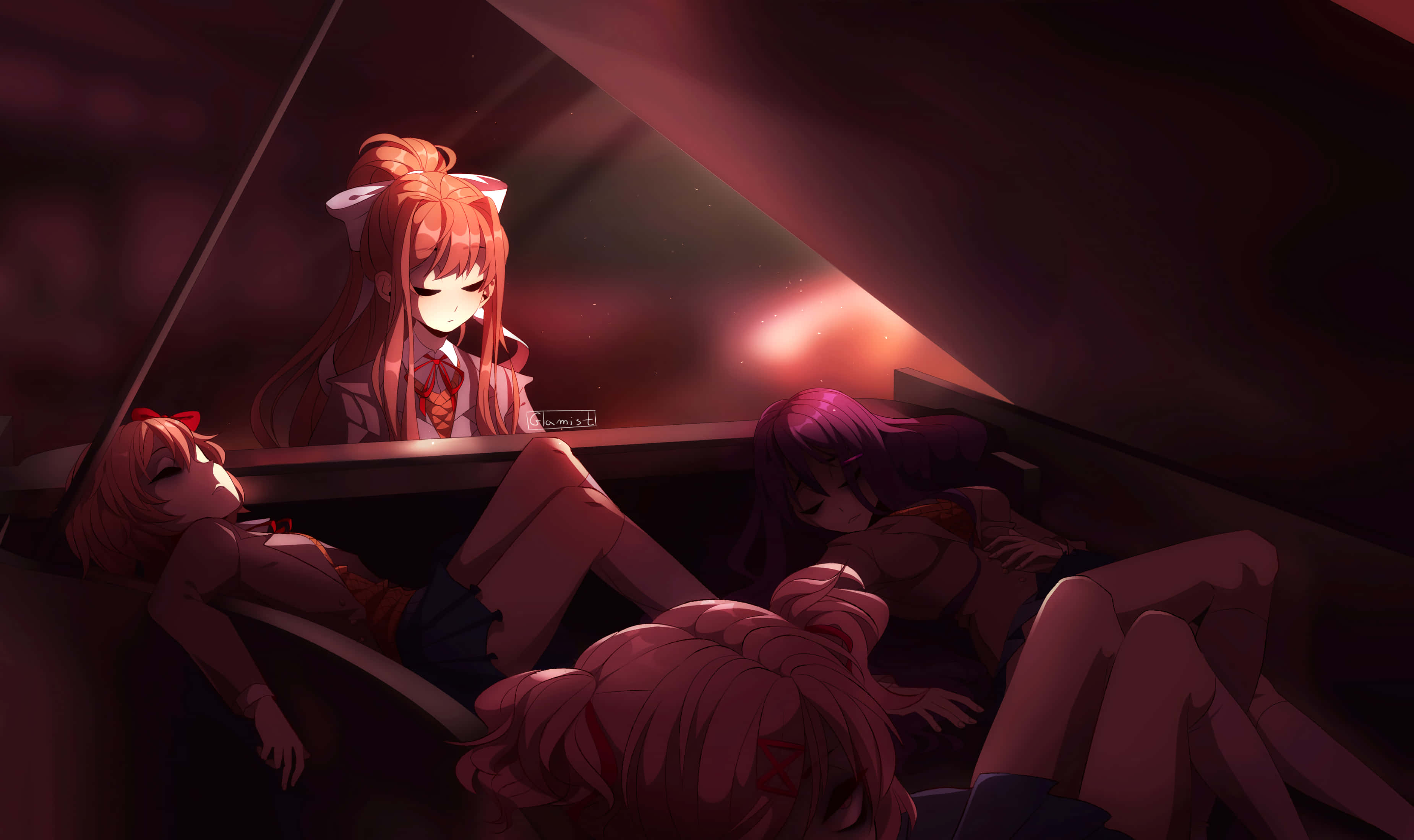 Doki Doki, anime girls, dimly lit, 2K Desktop Wallpaper