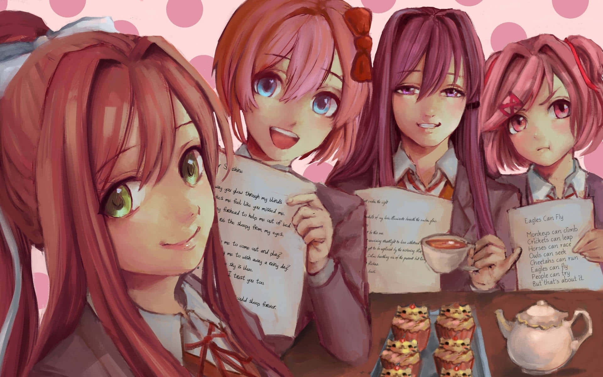 Doki Doki, anime girls, pink hair, Full HD Desktop Wallpaper