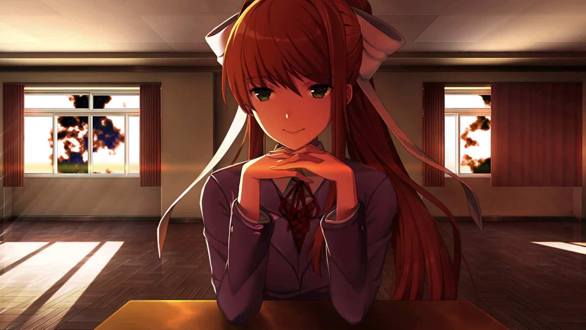Doki Doki, red-haired anime girl, school uniform, Full HD Desktop Wallpaper