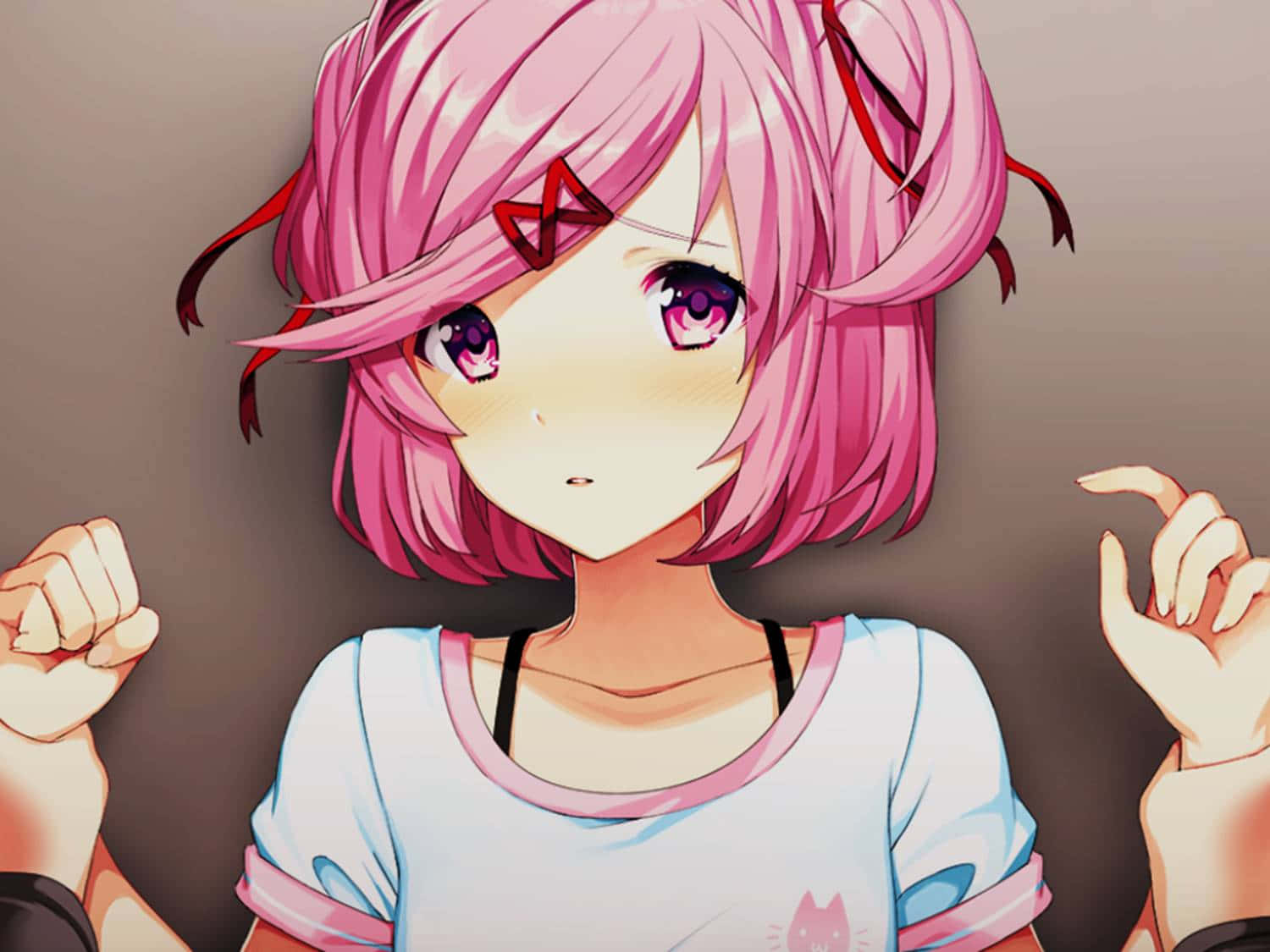 Doki Doki, pink-haired anime girl, purple eyes, HD Desktop Wallpaper