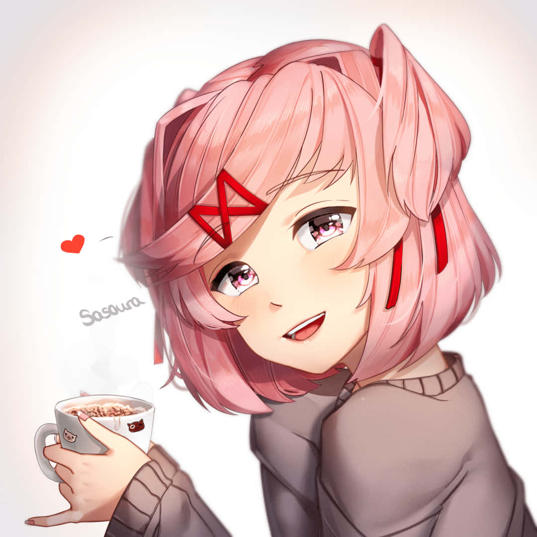 Doki Doki, pink hair, red accents, SD Desktop Wallpaper