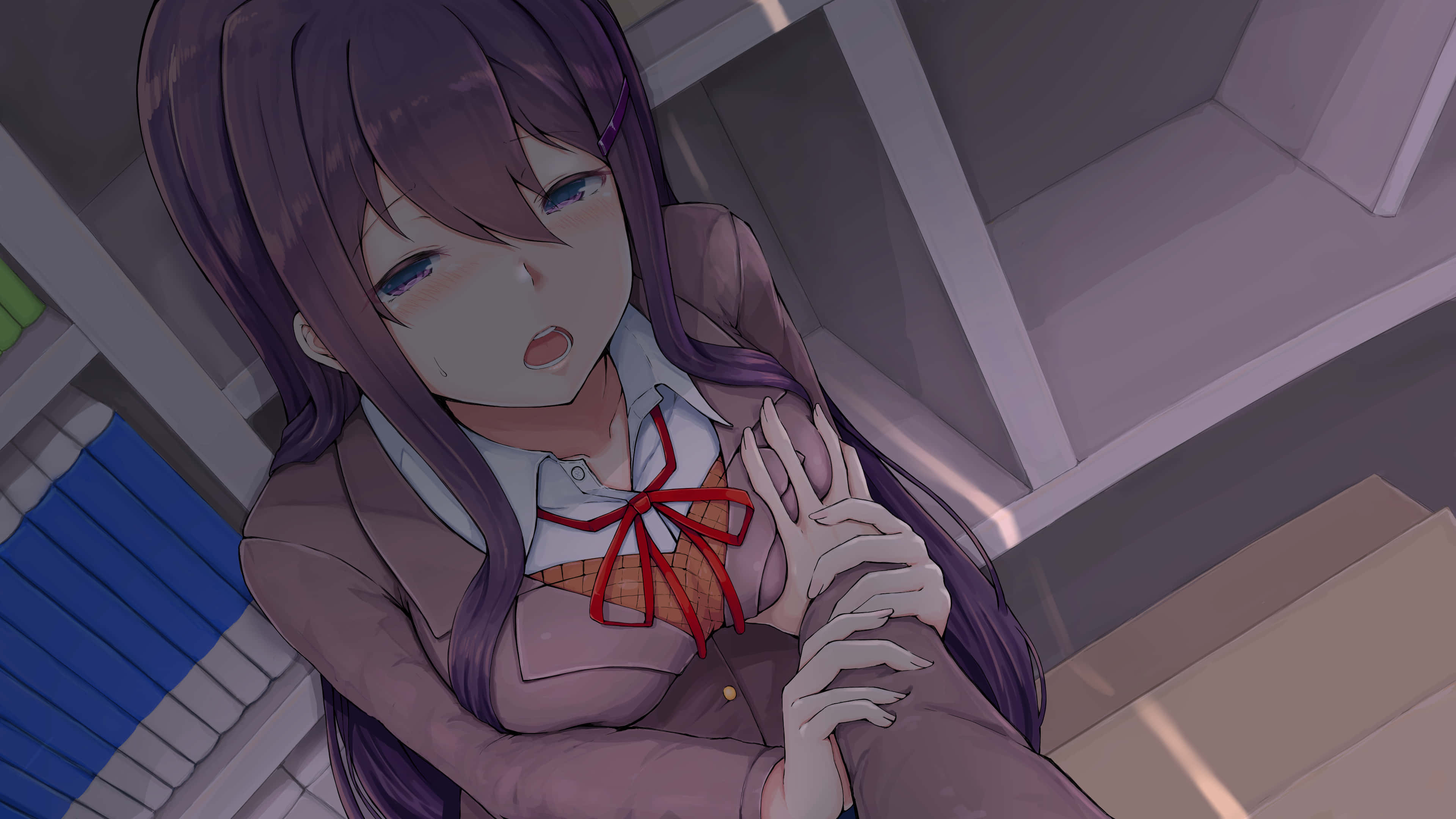Doki Doki, purple-haired anime girl, school uniform, 4K Desktop Wallpaper