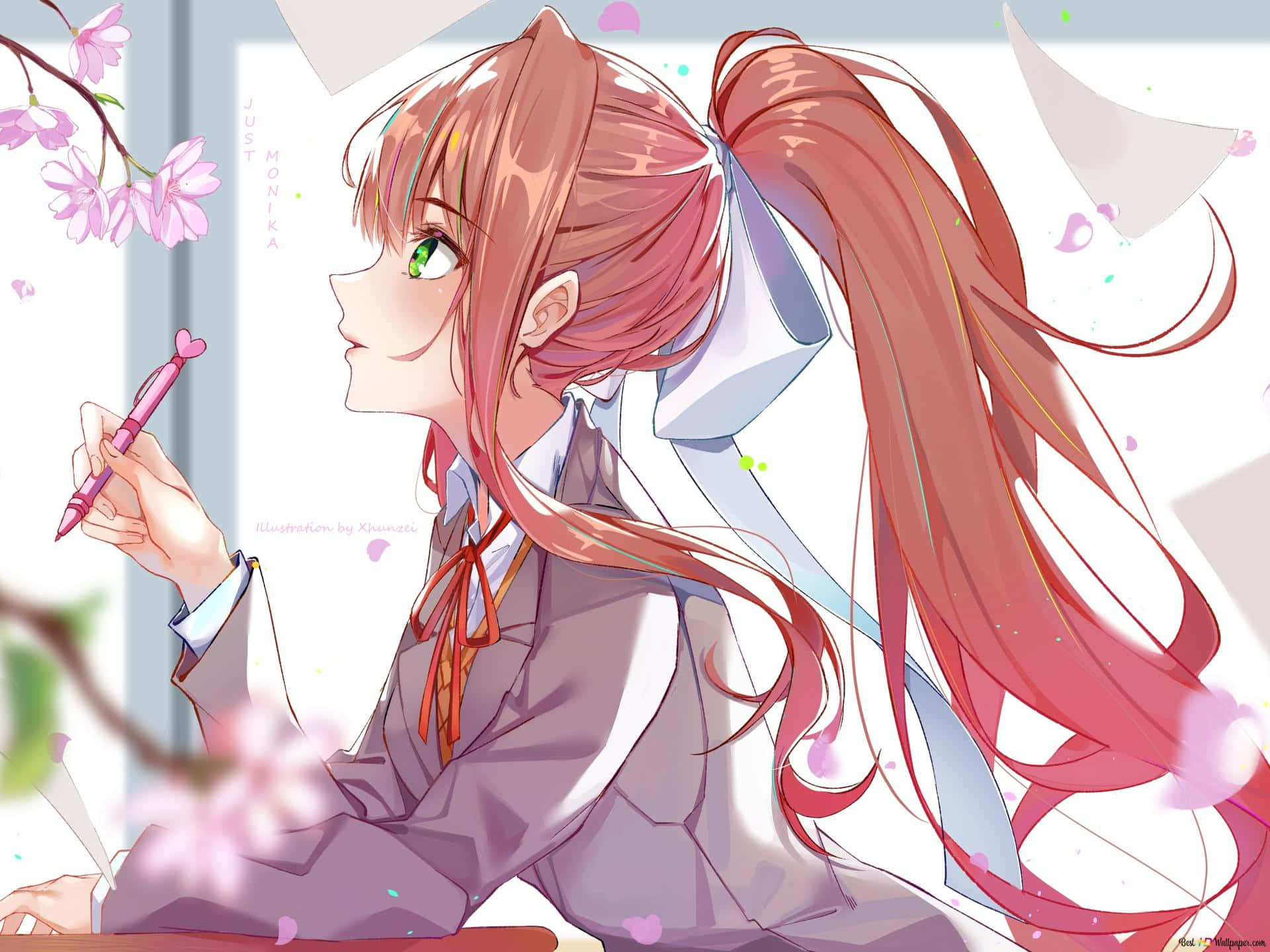 Doki Doki, pink-haired anime girl, school uniform, Full HD Desktop Wallpaper