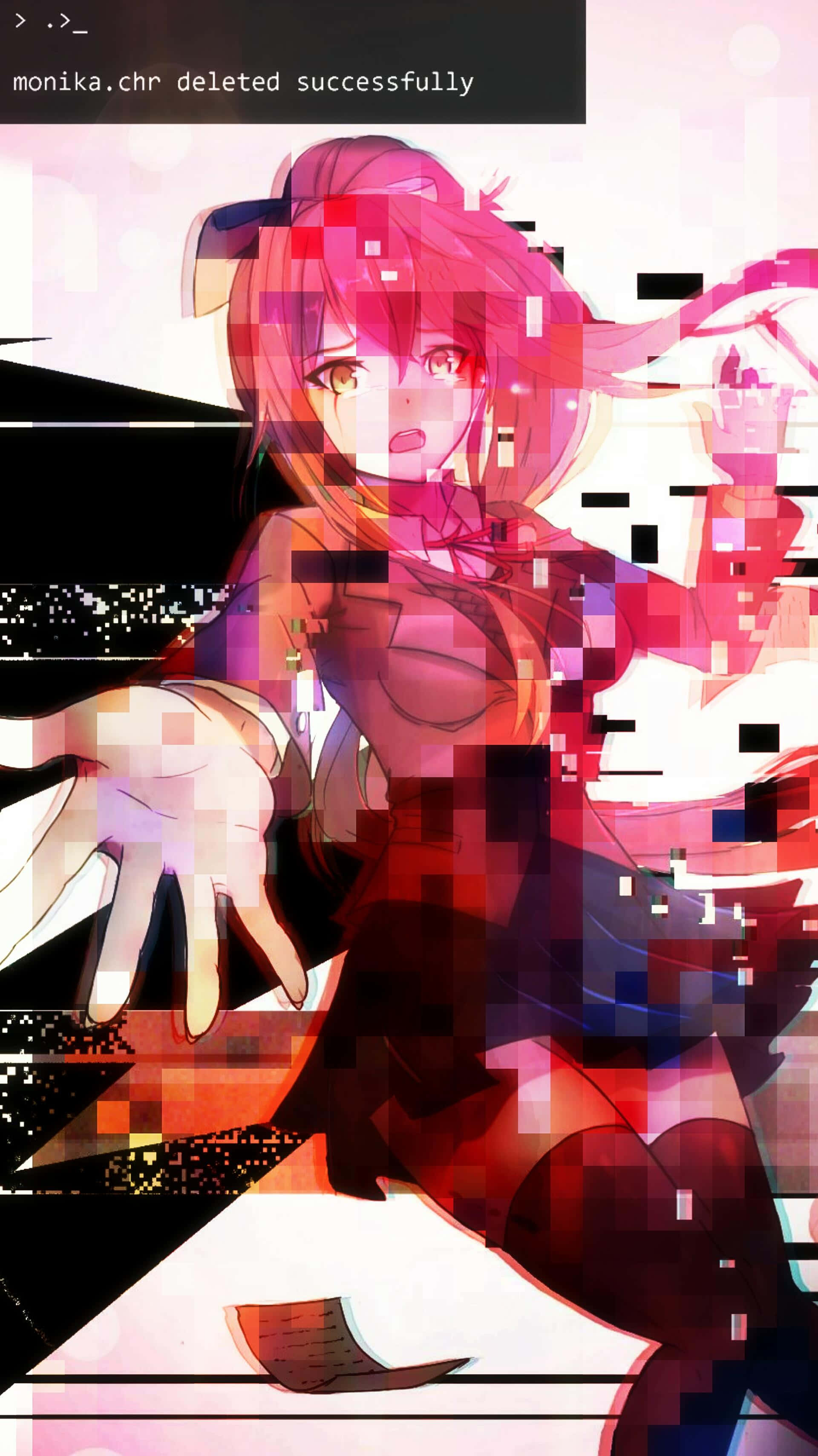 Doki Doki, glitched anime girl, pink hair, 2K Phone Wallpaper